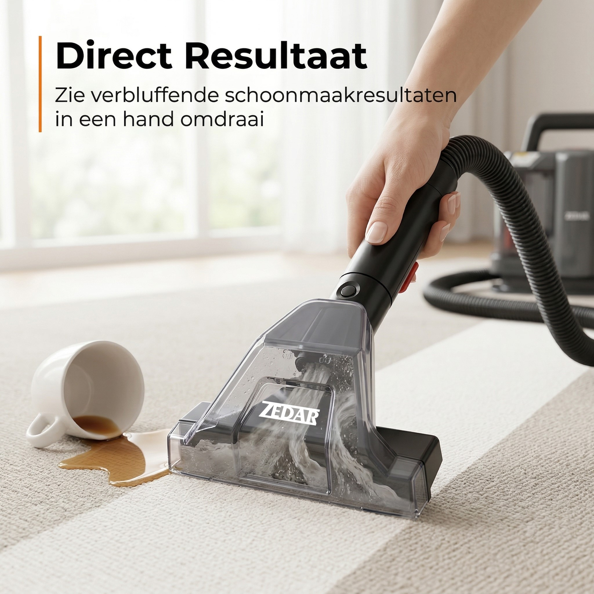 A carpet cleaner vacuums spilled brown liquid from a carpet.