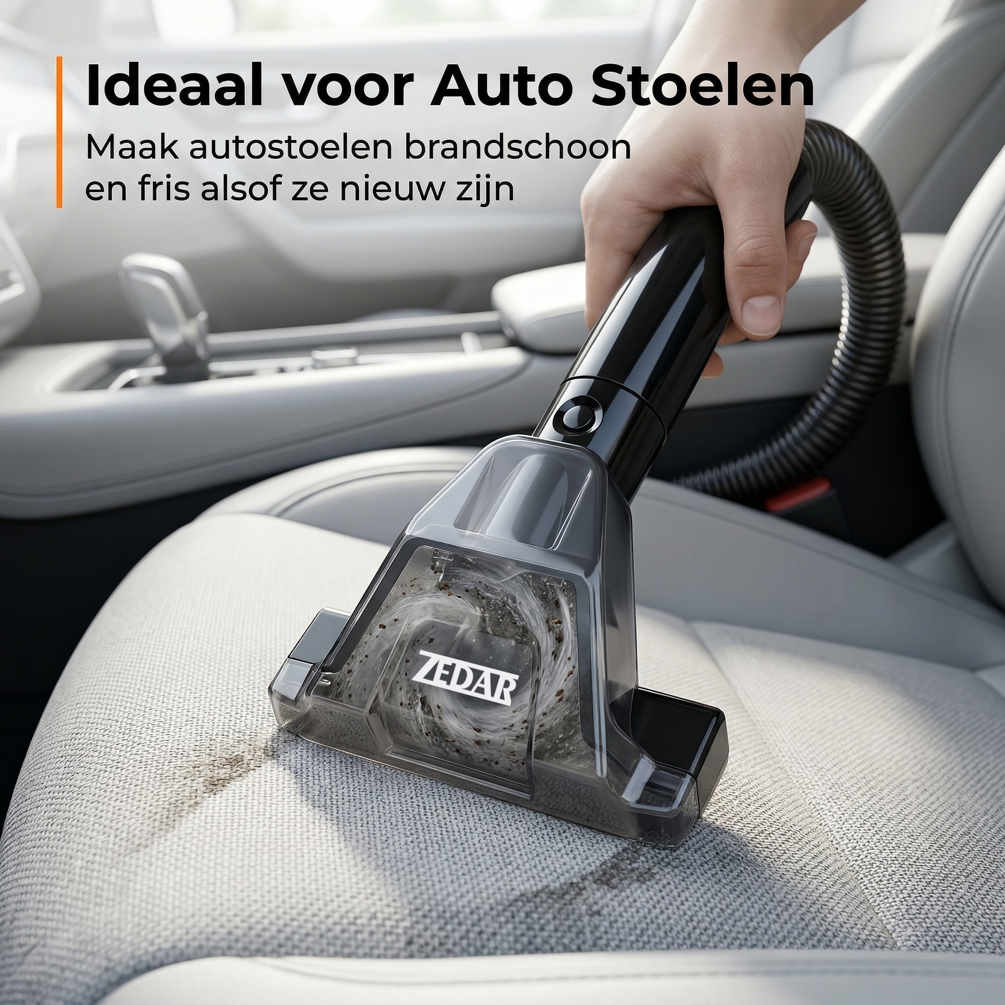 A handheld vacuum cleaner cleans dirt from a light gray car seat.