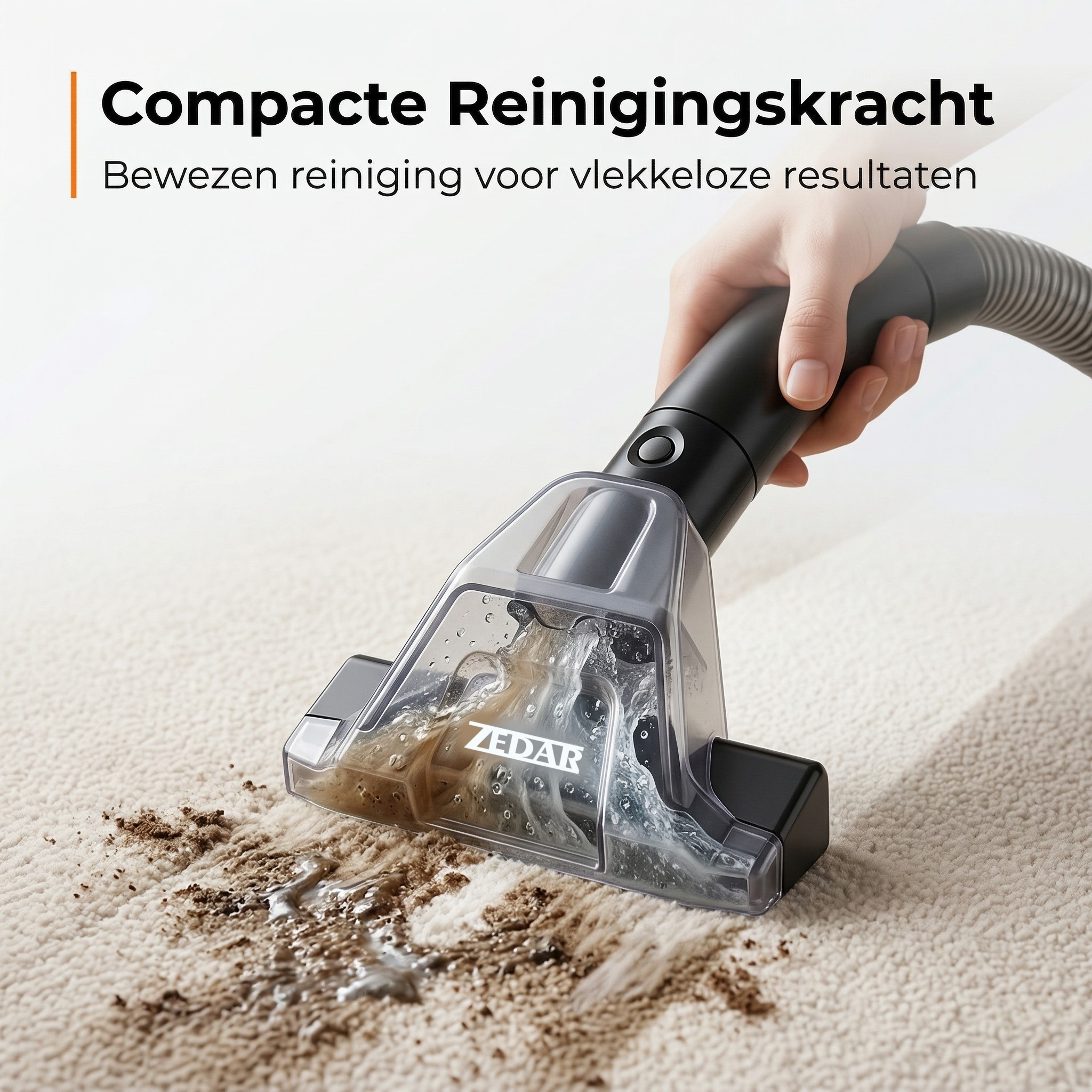A vacuum cleaner head cleans a beige carpet of dirt and water.