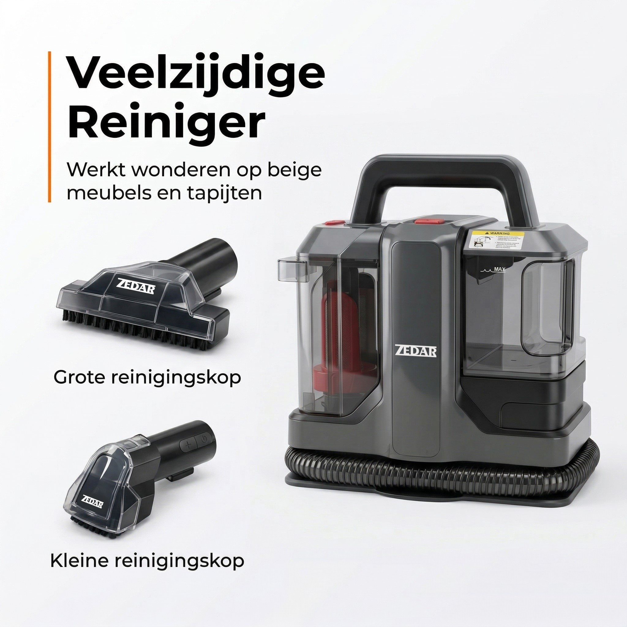A dark cleaner with two attachments: large and small.