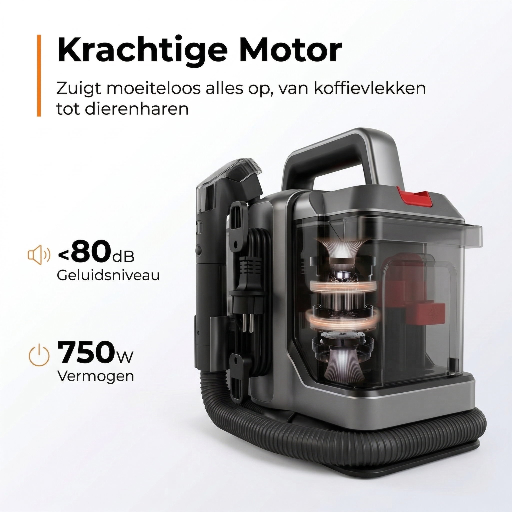 A powerful grey vacuum cleaner with a transparent bin and 750W power.