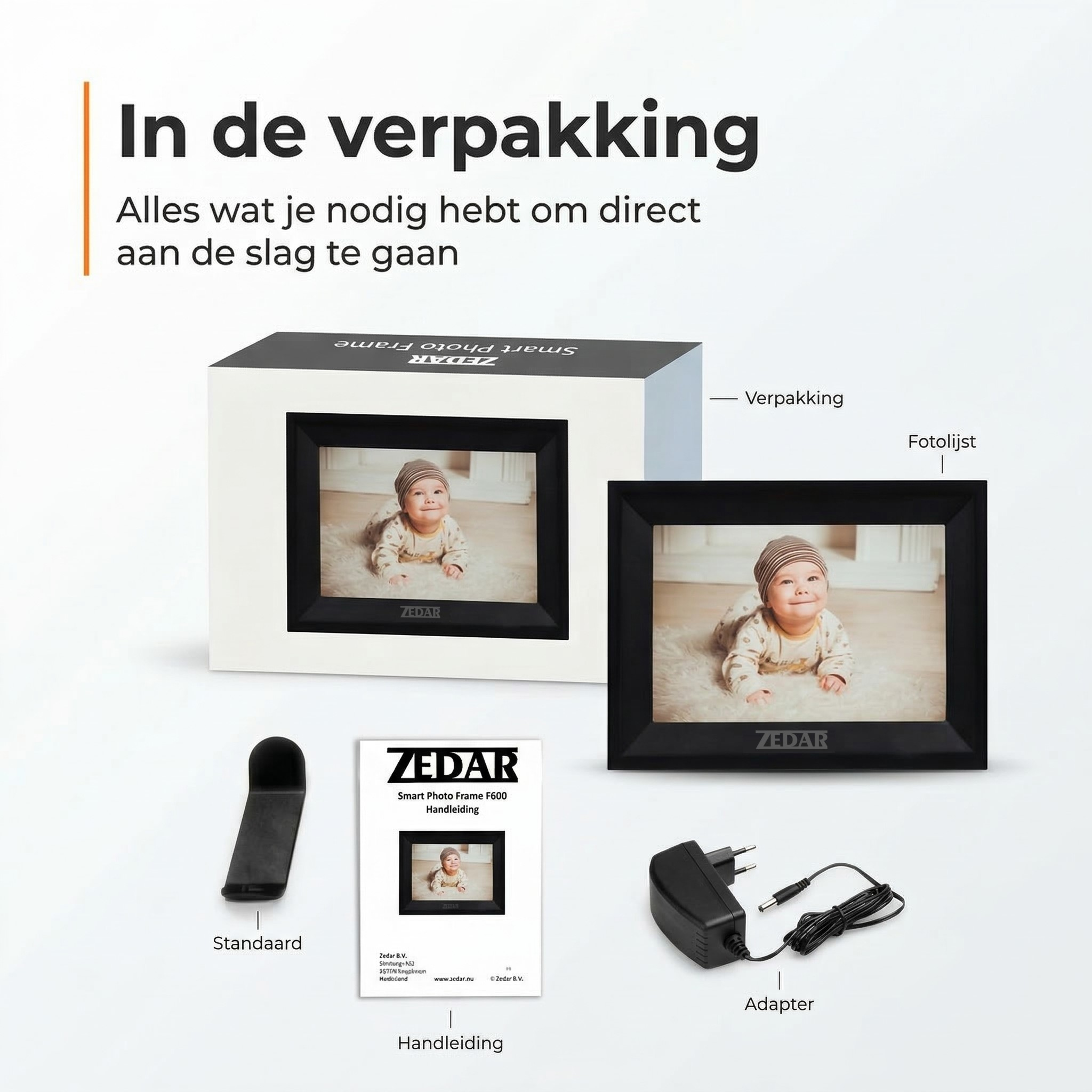 Digital photo frame accessories: stand, adapter, and manual.