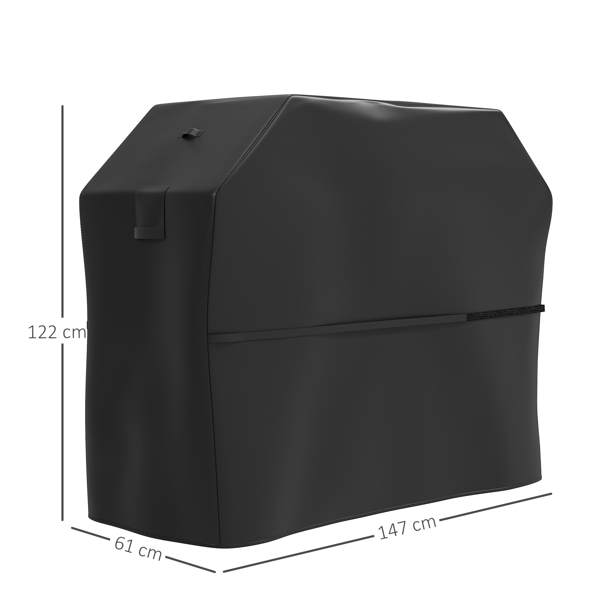 Copertura griglia nera con dimensioni: 122cm A, 61cm L, 147cm P.