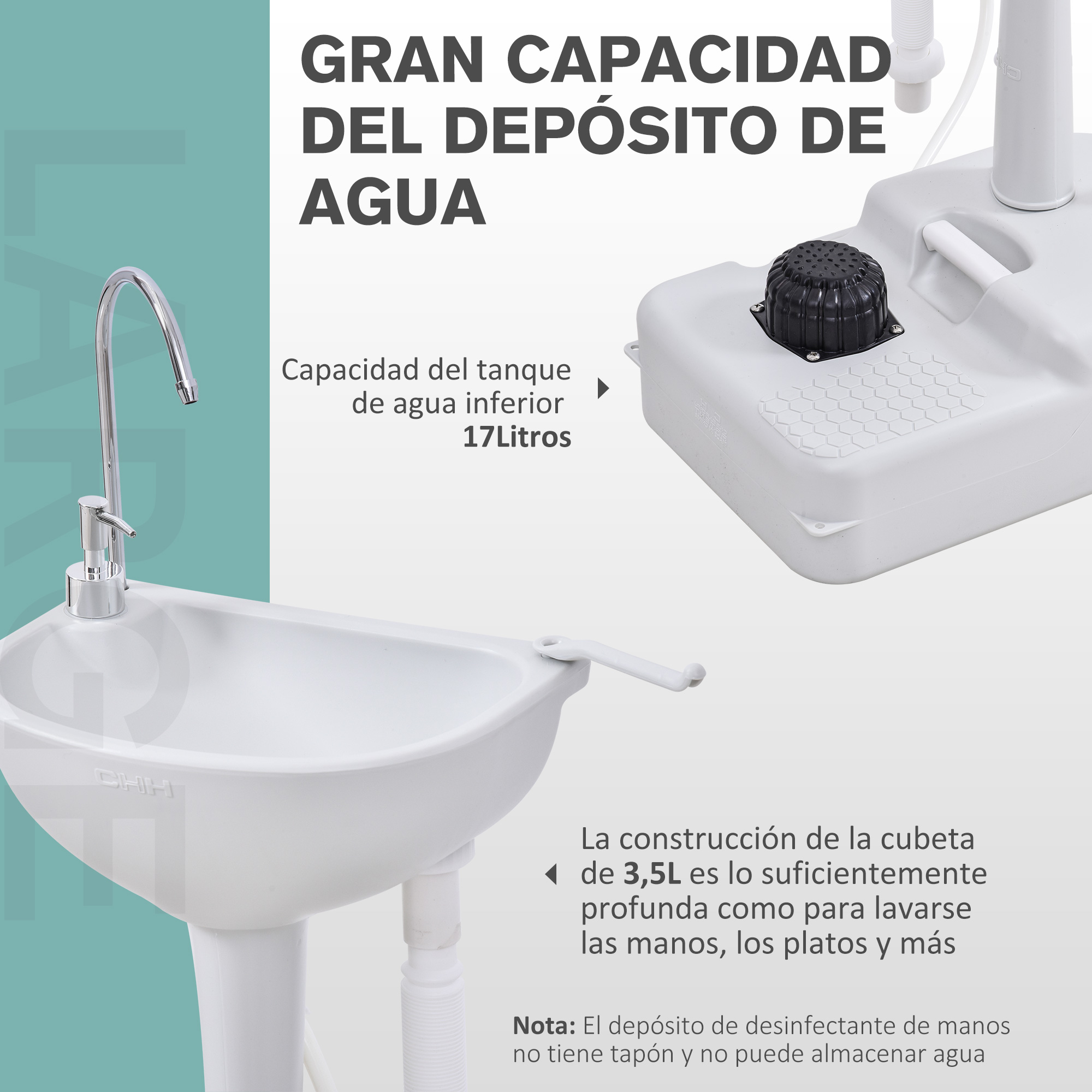 Un lavabo blanco con grifo y dispensador de jabón junto a un depósito de agua.