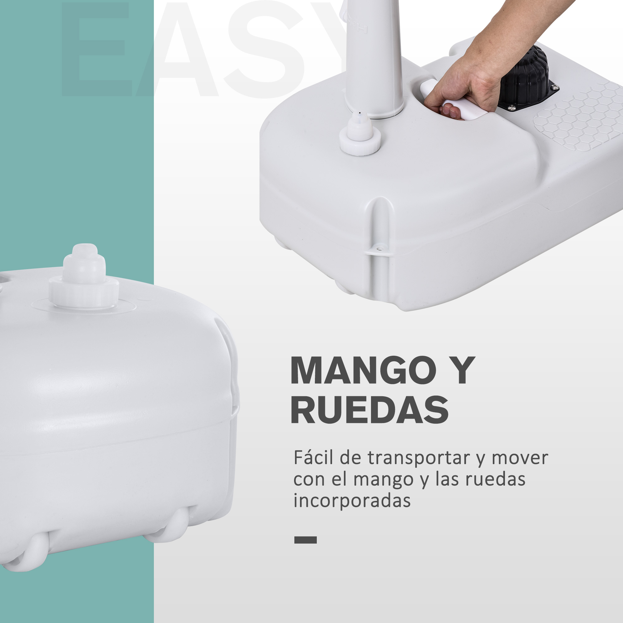 Una mano acciona una manija en un contenedor blanco con ruedas.