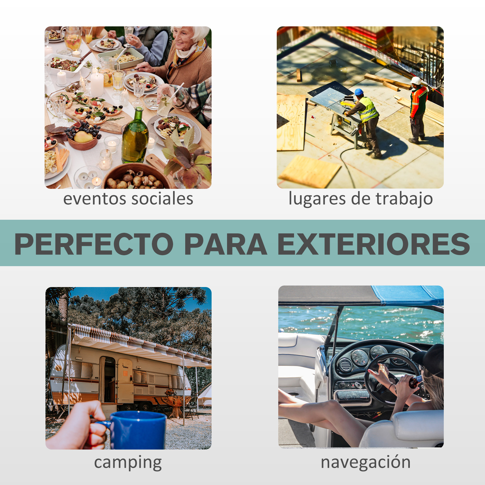 Gente comiendo al aire libre, obreros serrando madera, caravana y barco.