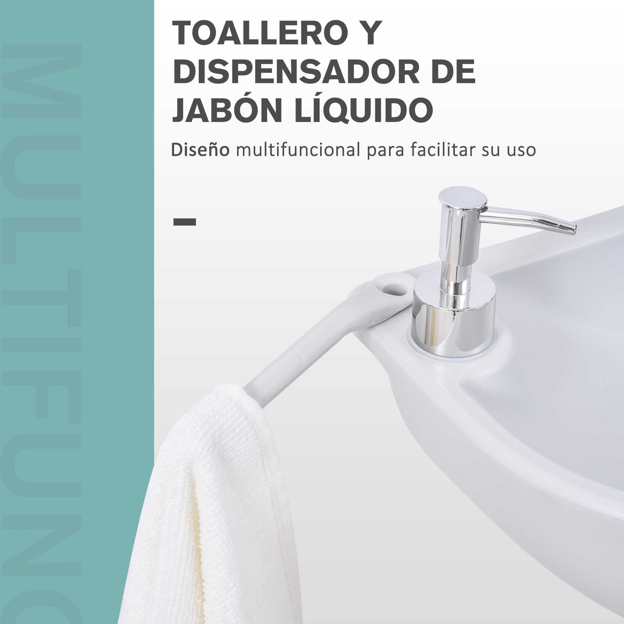 Una toalla blanca cuelga de un dispensador de jabón sobre un lavabo.