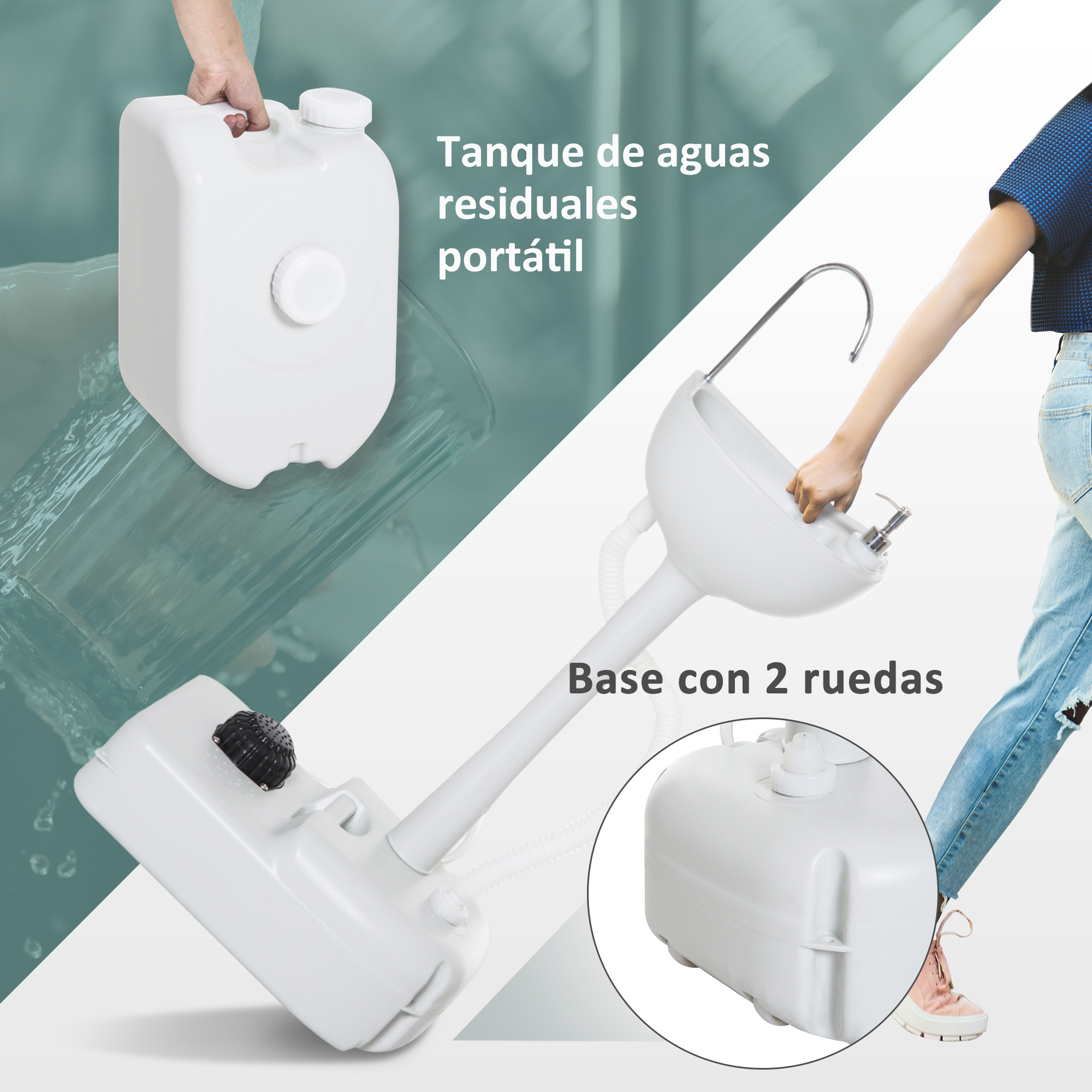 Tanque portátil de agua dulce con bomba y ruedas.