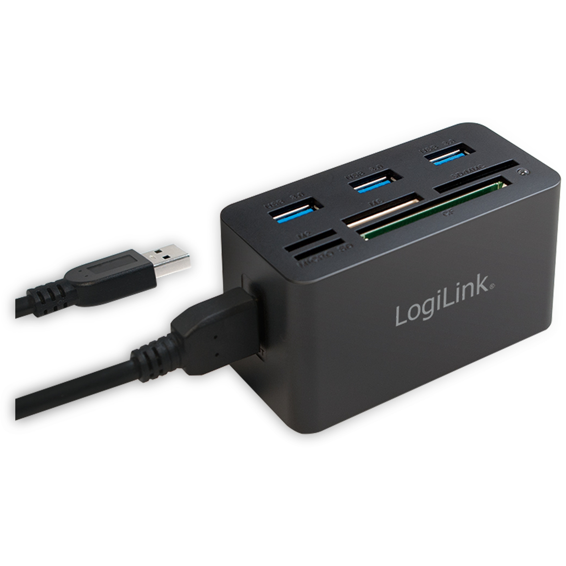 Schwarzer USB-Kartenleser mit mehreren Steckplätzen und angeschlossenem Kabel.