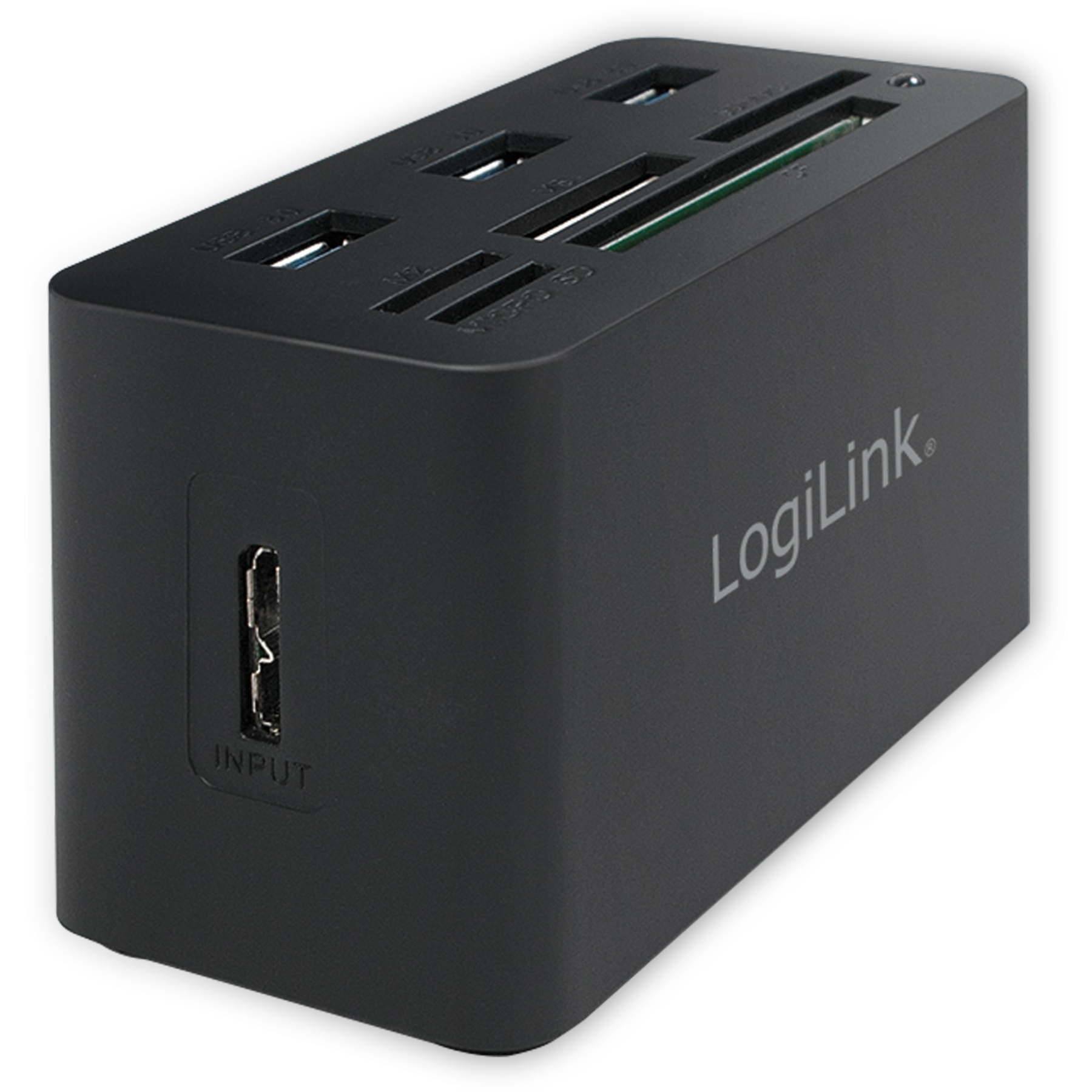 Schwarzer USB-C-Hub mit mehreren Anschlüssen, darunter USB und SD-Kartensteckplätze.