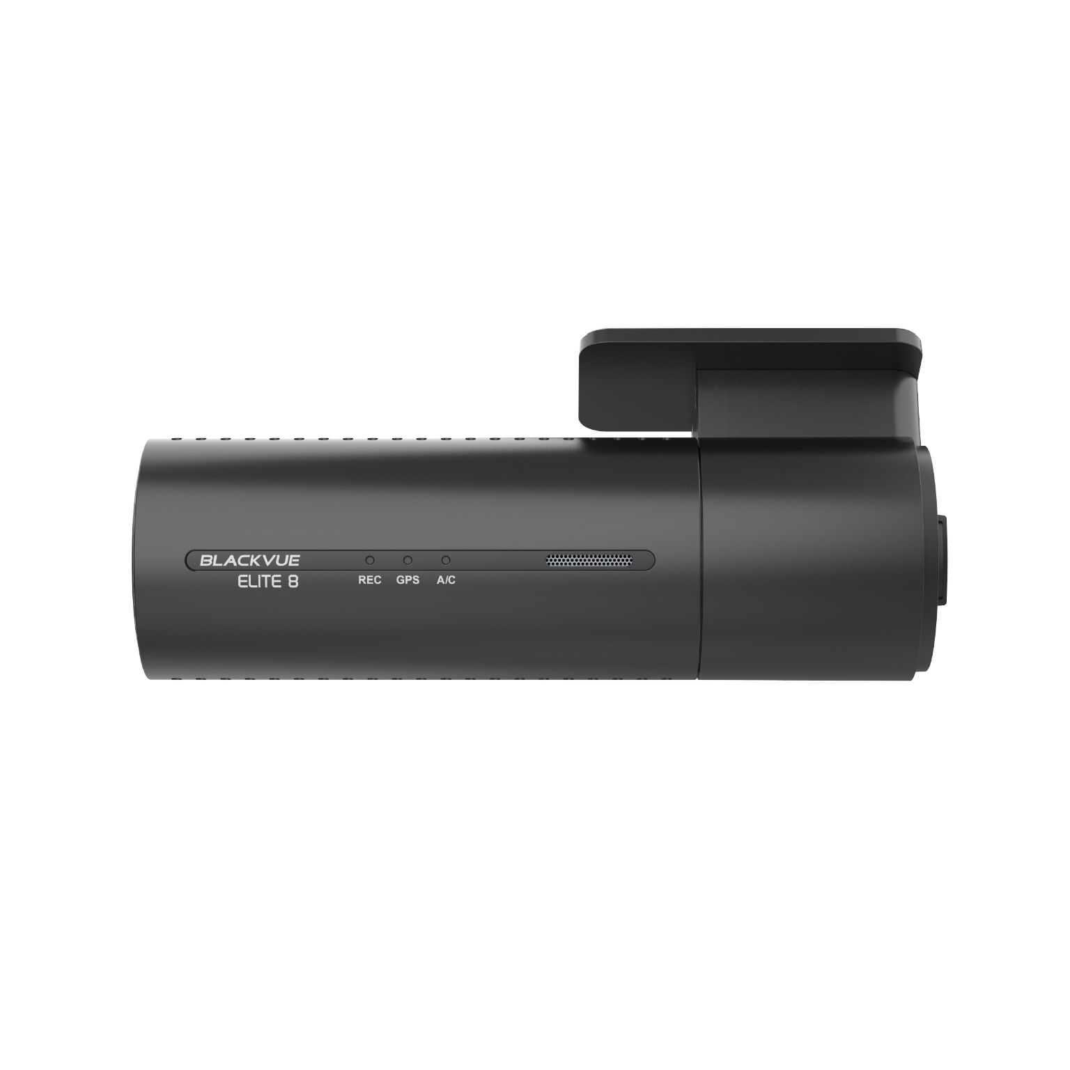 Een zwarte Blackvue Elite 8 dashcam met REC, GPS en A/C indicatoren.