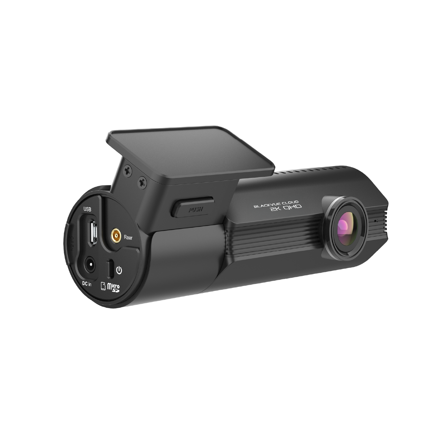 Zwarte dashcam cilinder met lens, USB, DC in en Micro SD poorten.