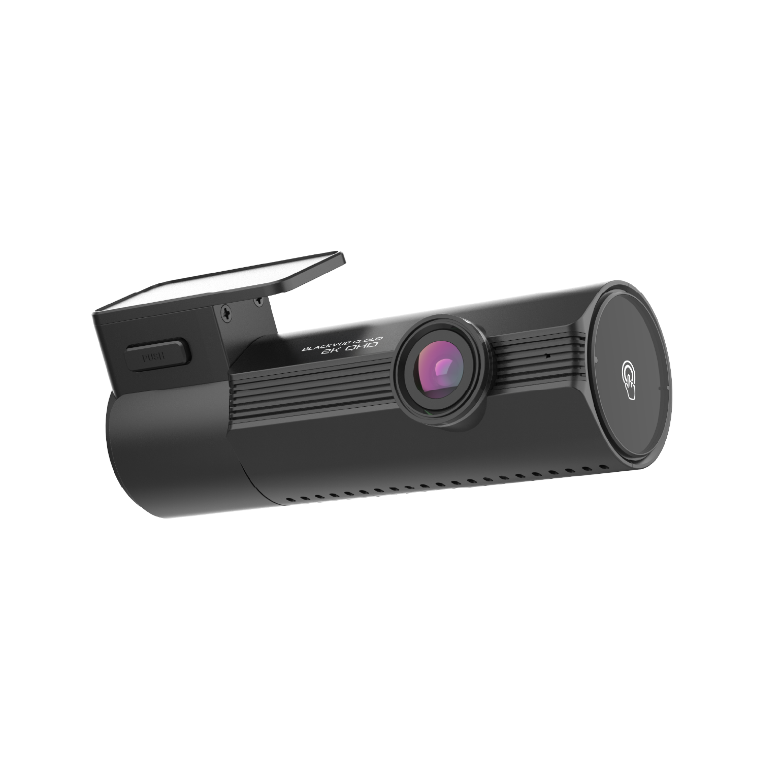 Zwart-grijze dashcam met lens en opklapbaar scherm.
