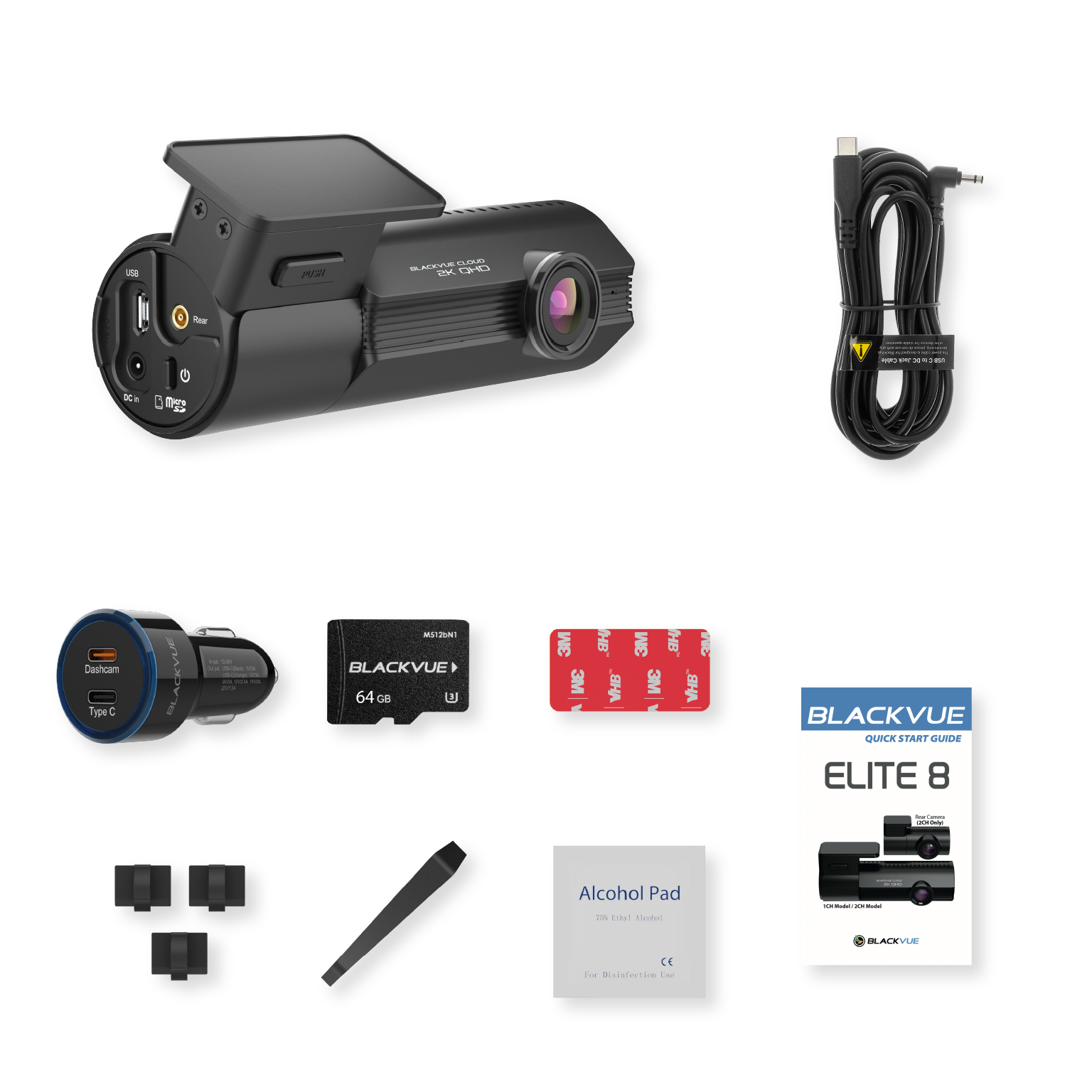 Dashcam accessoires: camera, kabel, auto-oplader, SD-kaart, houders en handleiding.