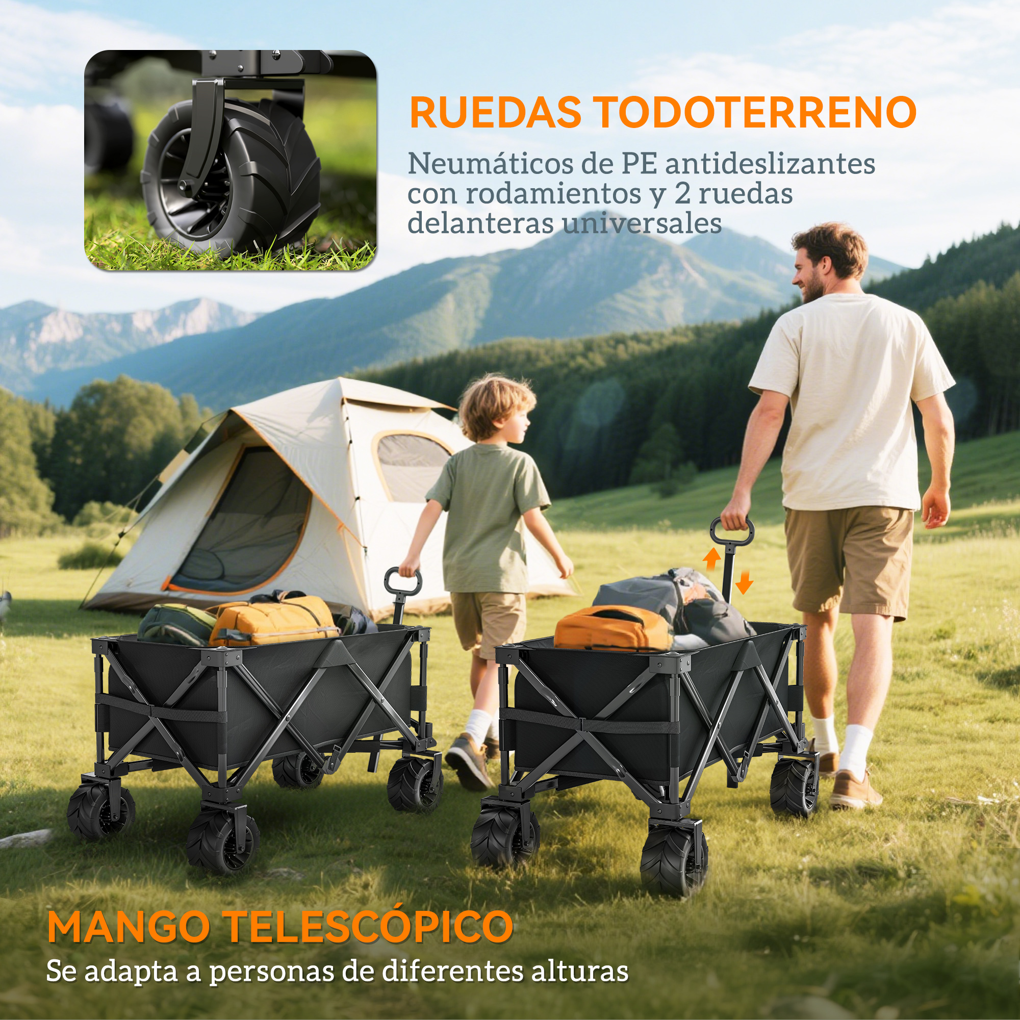 Hombre y niño tiran de carritos de camping con equipaje al aire libre.