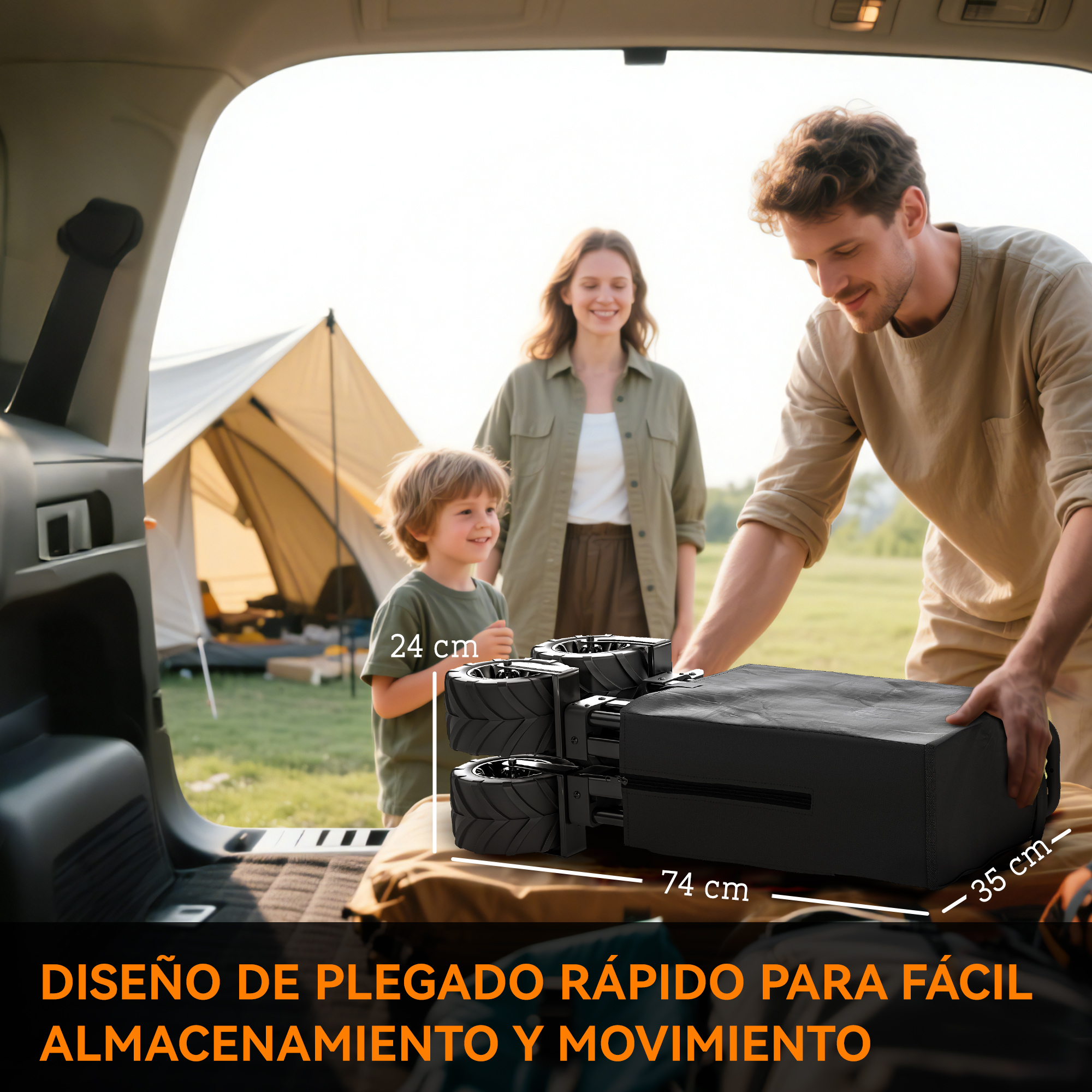 Familia cargando equipo de camping. Un cochecito está en el maletero.