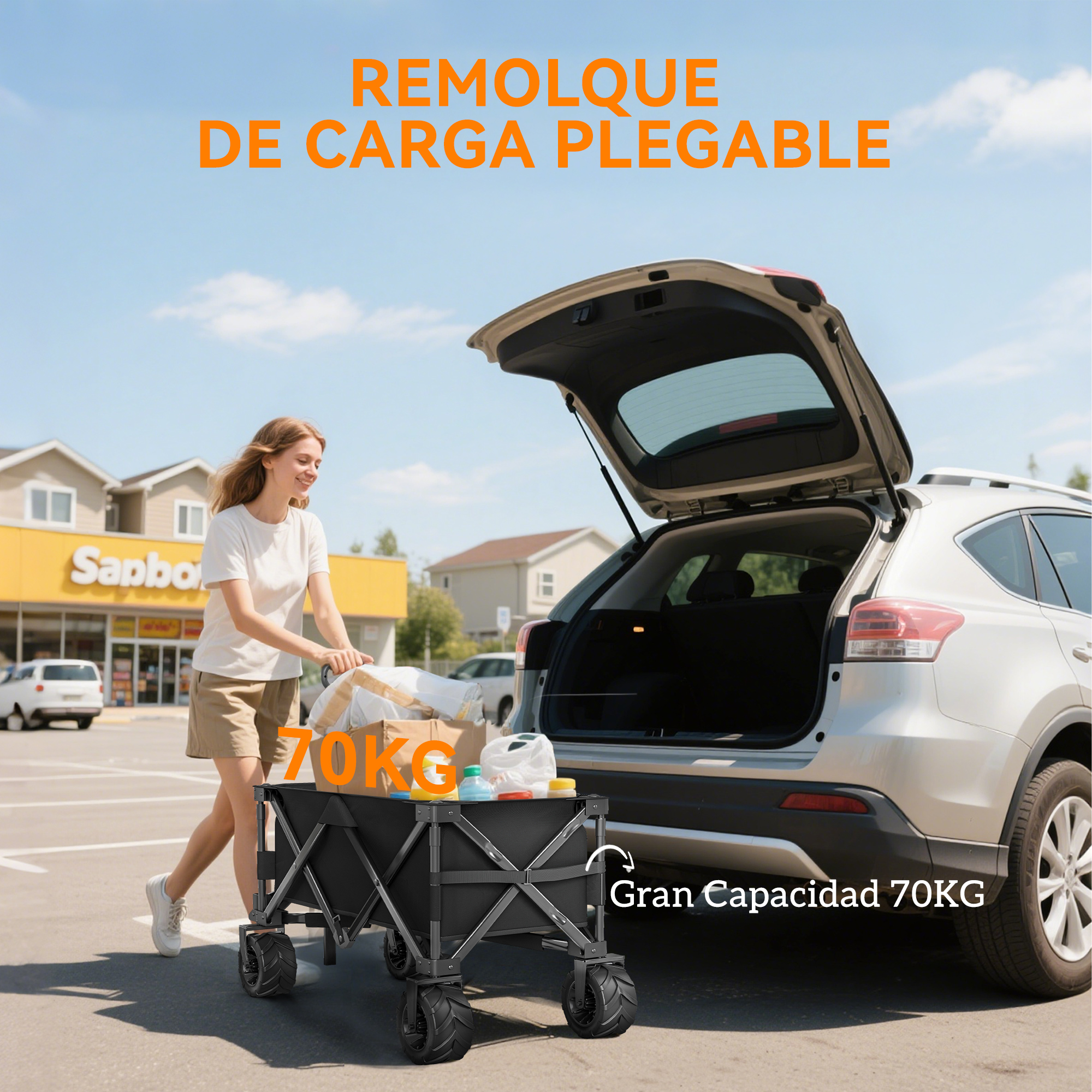Una mujer arrastra un carrito plegable negro con cajas junto a un coche abierto.