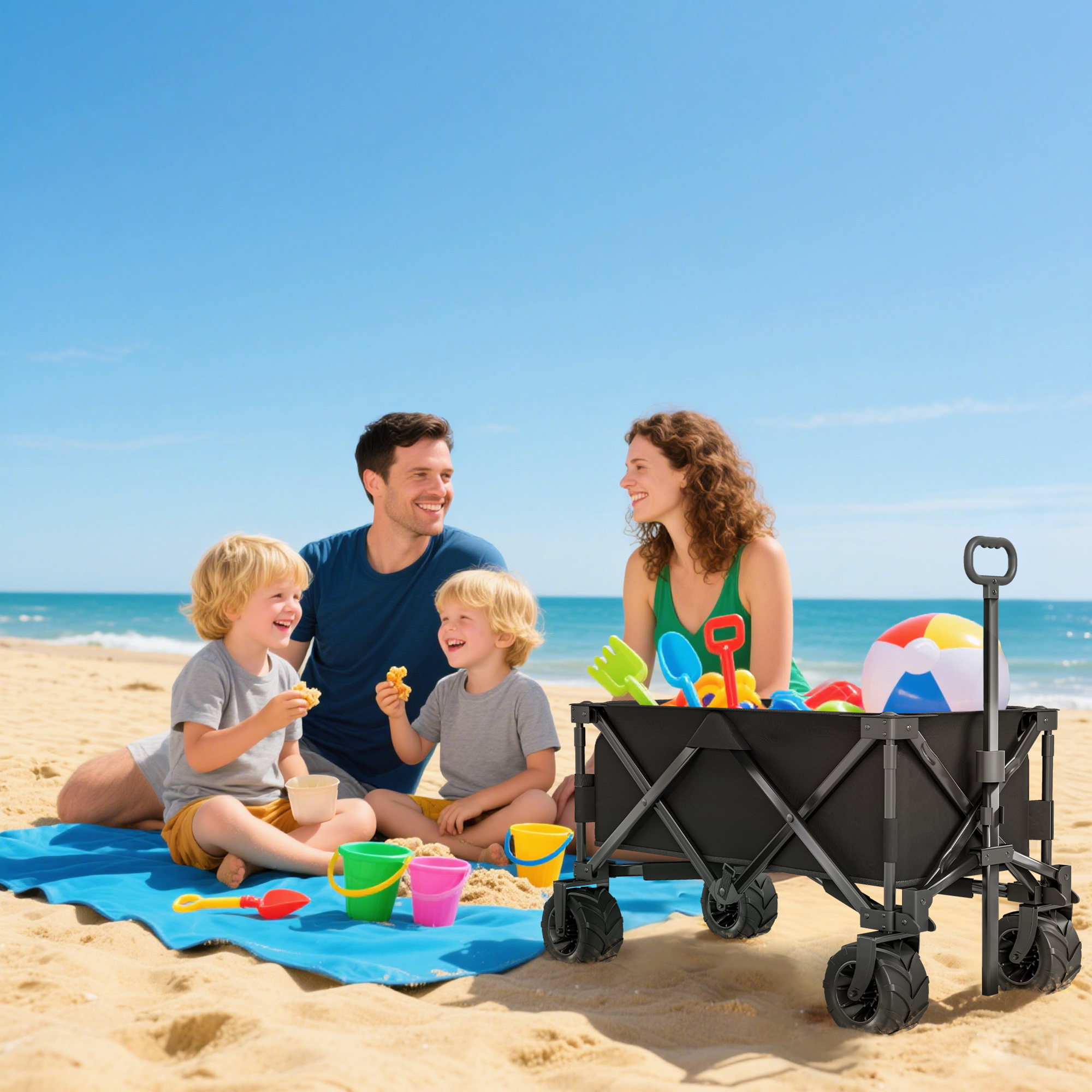 Familia en la playa con carrito y juguetes.