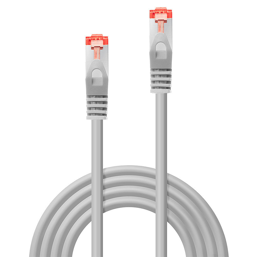 Dos cables de red grises con conectores rojos sobre fondo blanco.