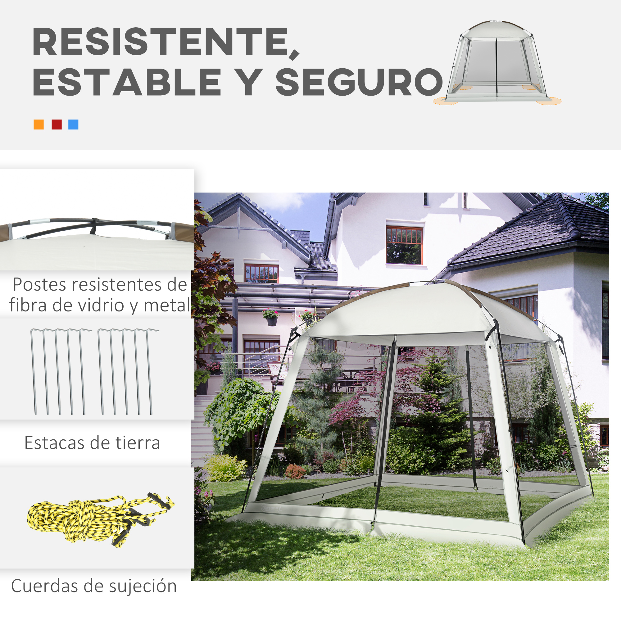 Una carpa blanca está en un césped frente a una casa. Se muestran accesorios.