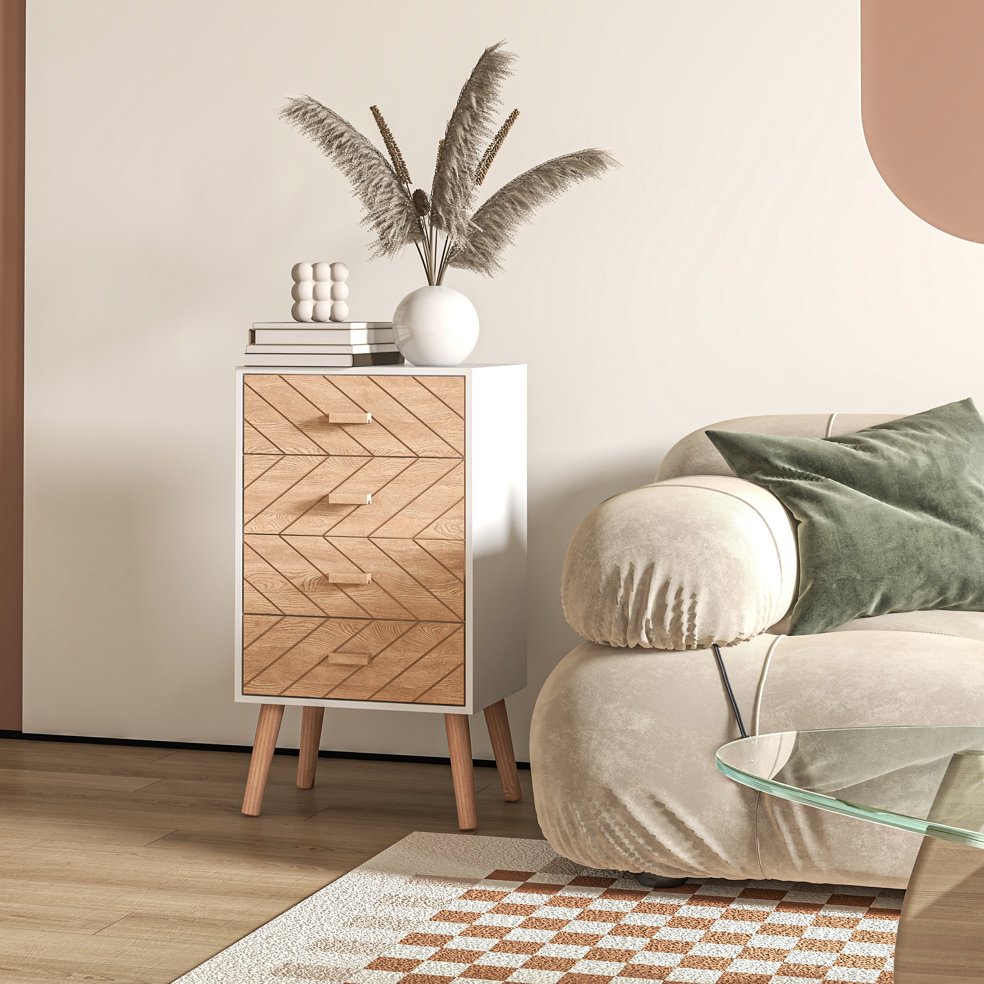Un sofá beige con cojines verdes junto a una mesita de noche blanca con detalles de madera.