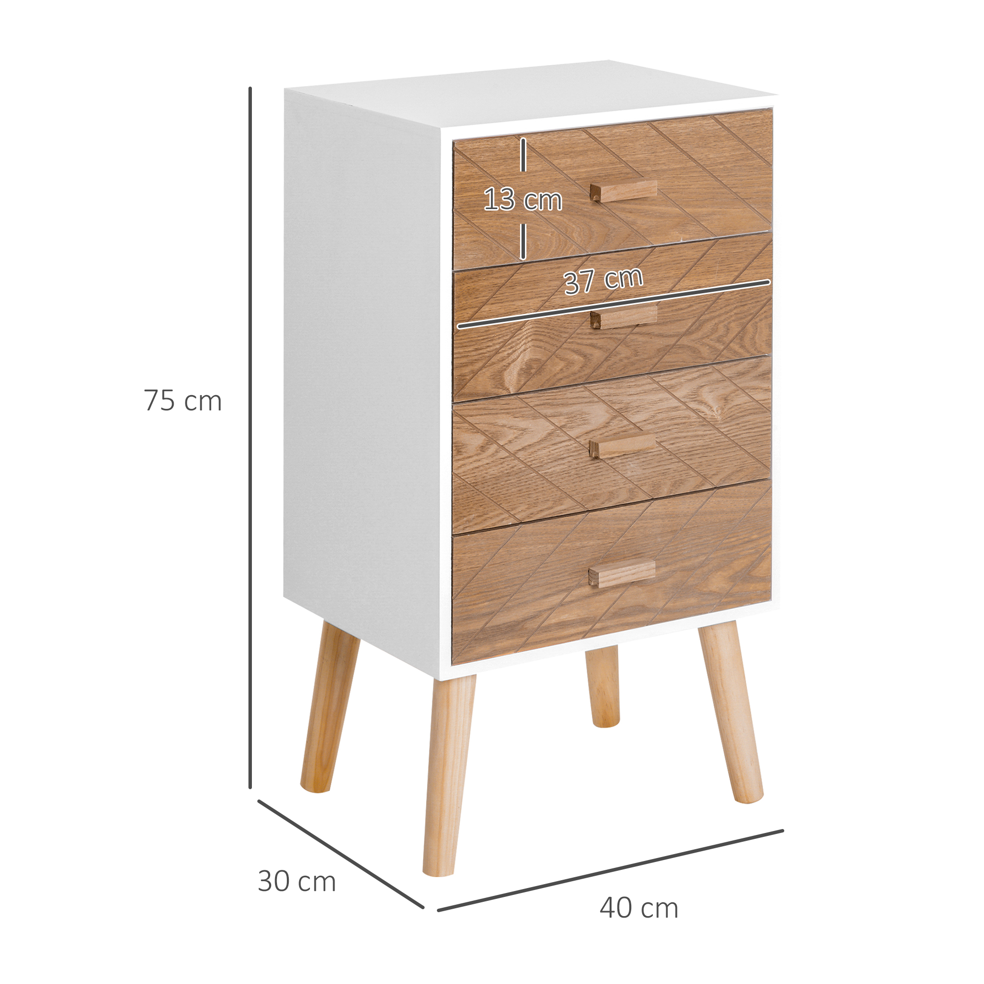 Mesita de noche blanca con cuatro cajones y patas de madera. Se indican las dimensiones.