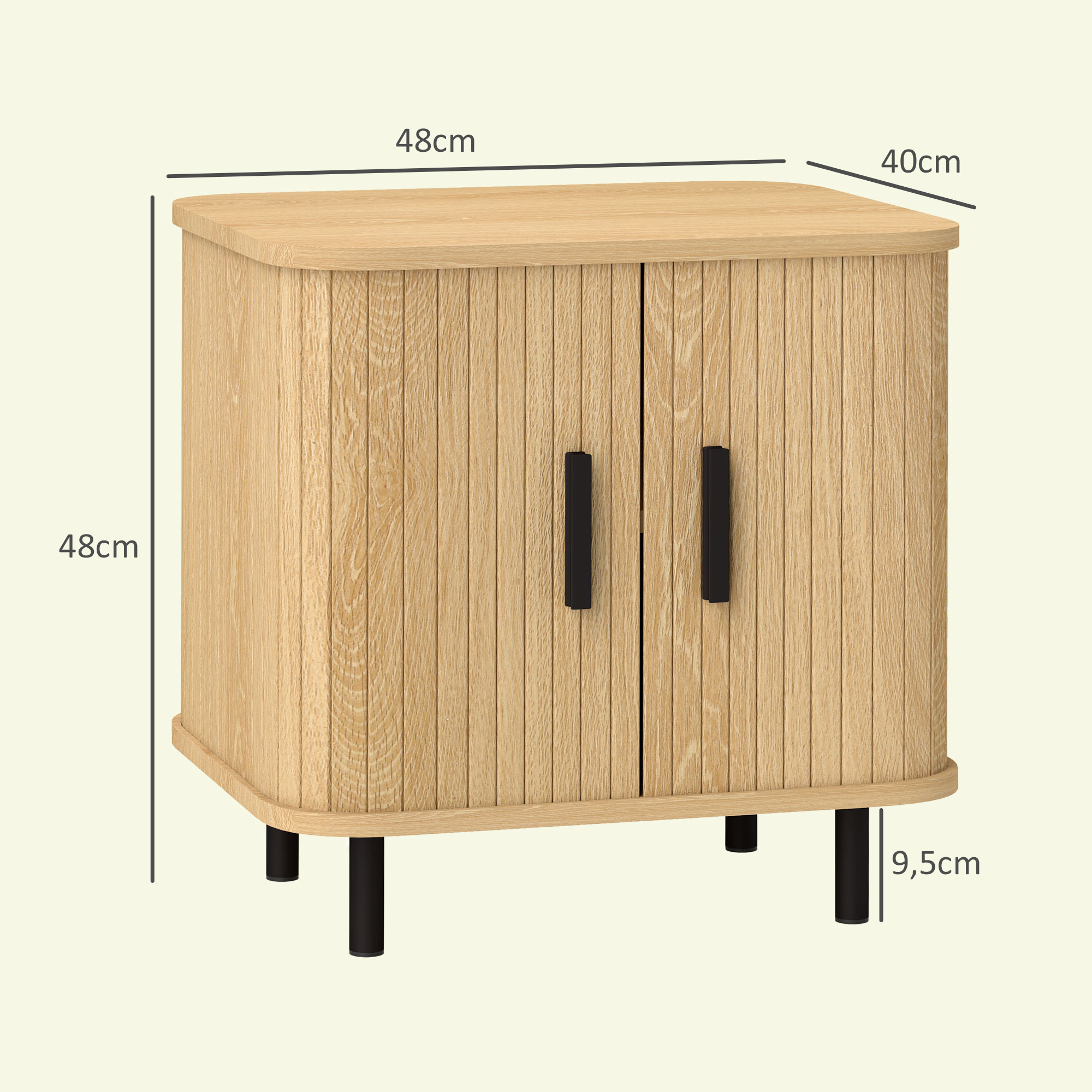 Un mueble marrón claro con puertas acanaladas y tiradores negros se apoya en cuatro patas.