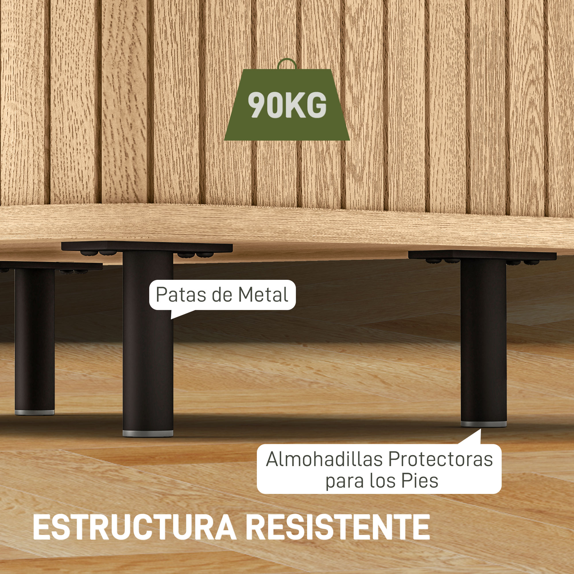 Patas metálicas de 90 kg sobre suelo de madera, con protectores.