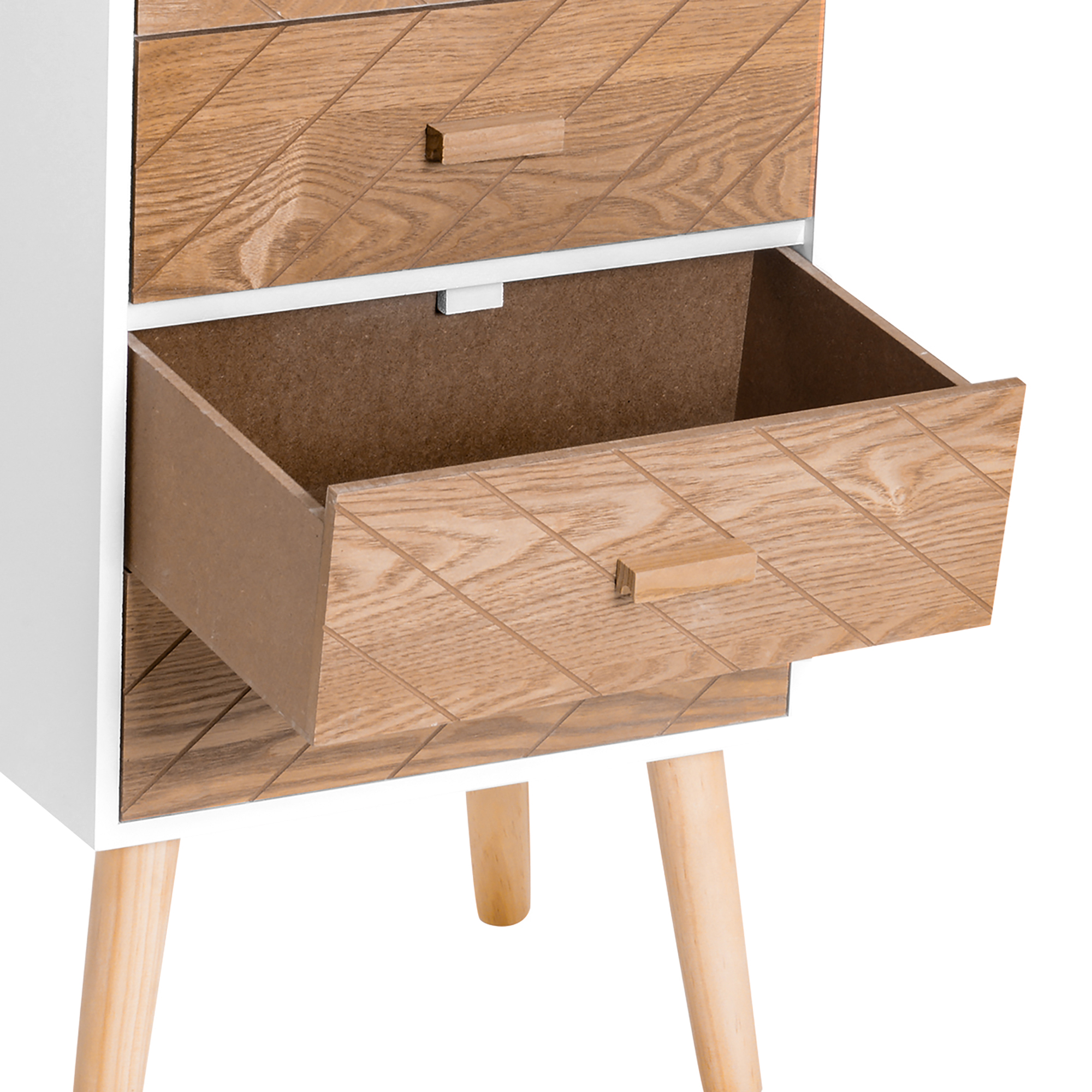 Mesita de noche blanca con detalles de madera y cajón abierto, sobre patas cónicas.
