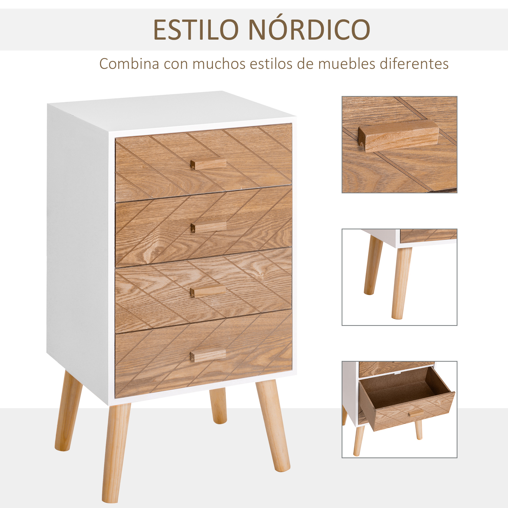 Una mesita de noche blanca con cuatro cajones de madera con patrón de diamantes y patas.