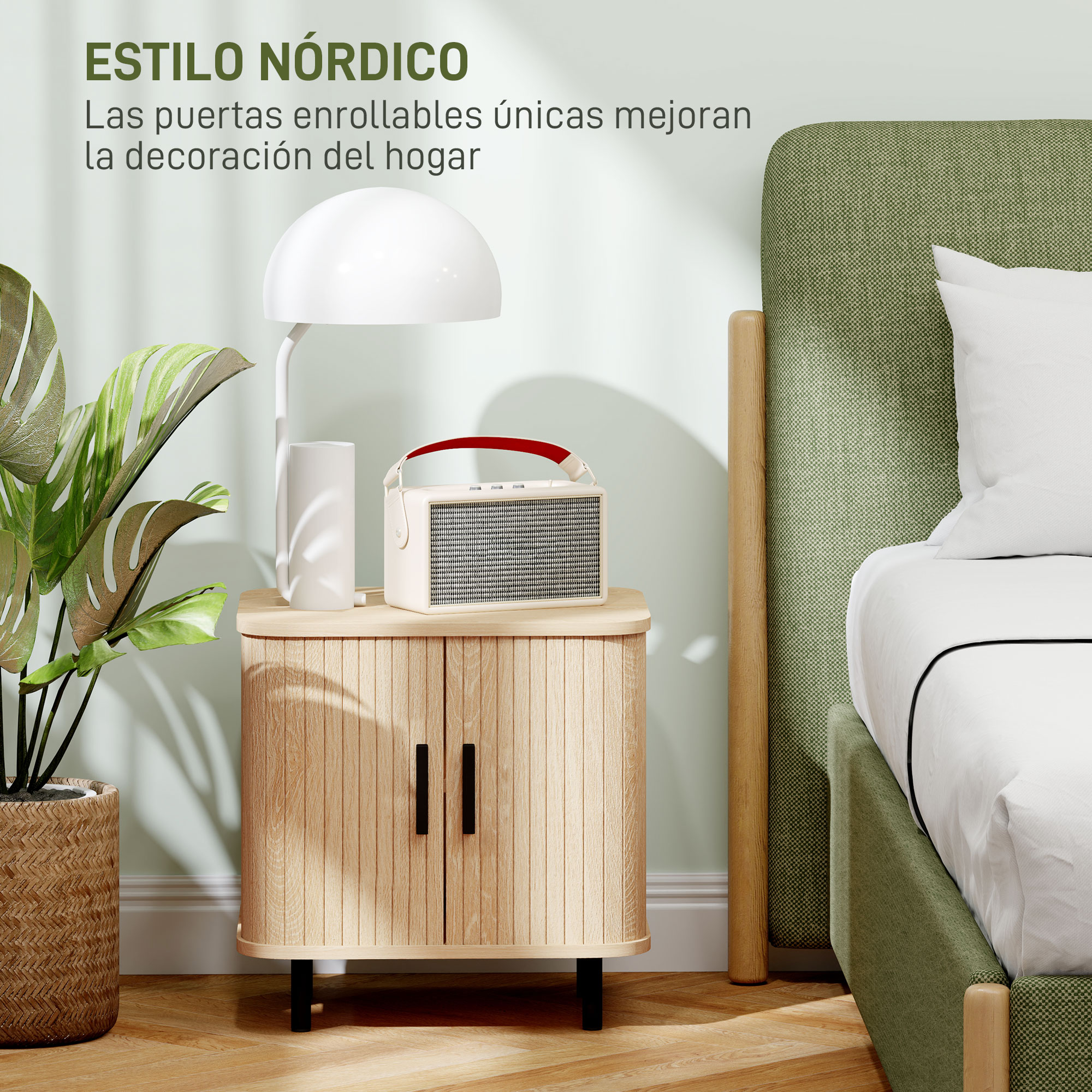 Mesita de noche de madera con lámpara, radio y planta junto a una cama verde.