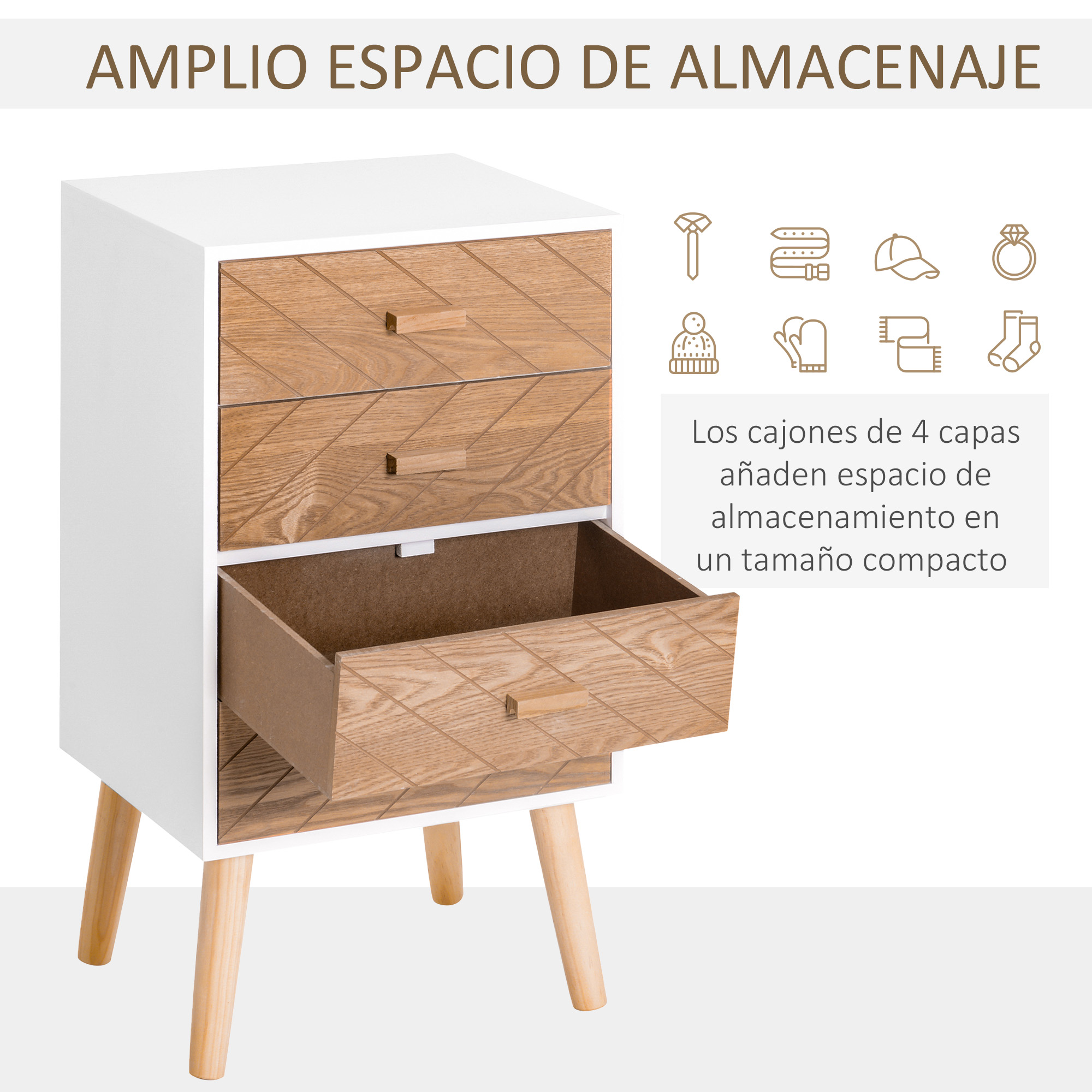 Mesita de noche blanca con cajones de madera y patas anguladas. Un cajón abierto.