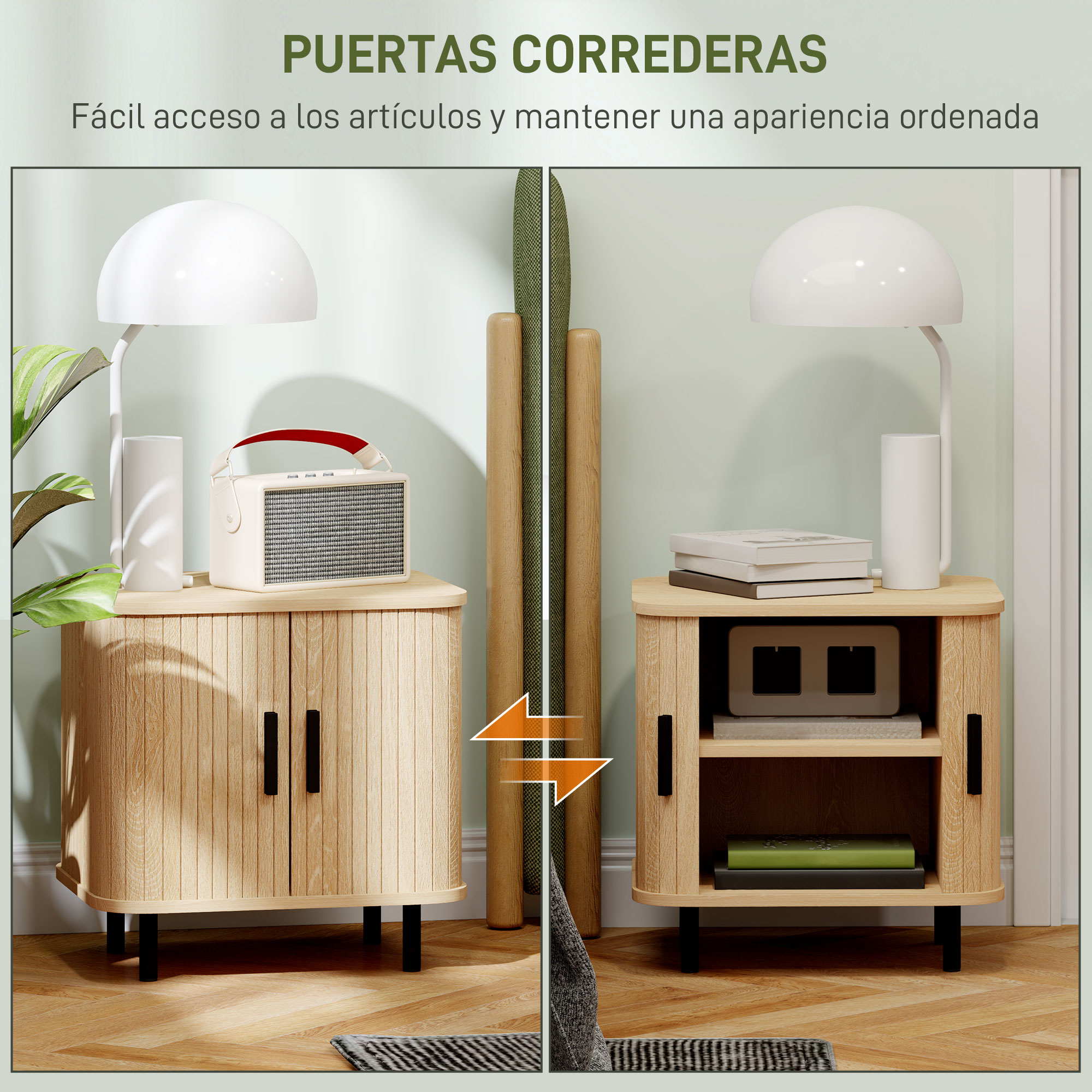 Dos armarios de madera con lámparas y decoración, mostrando opciones de almacenamiento.