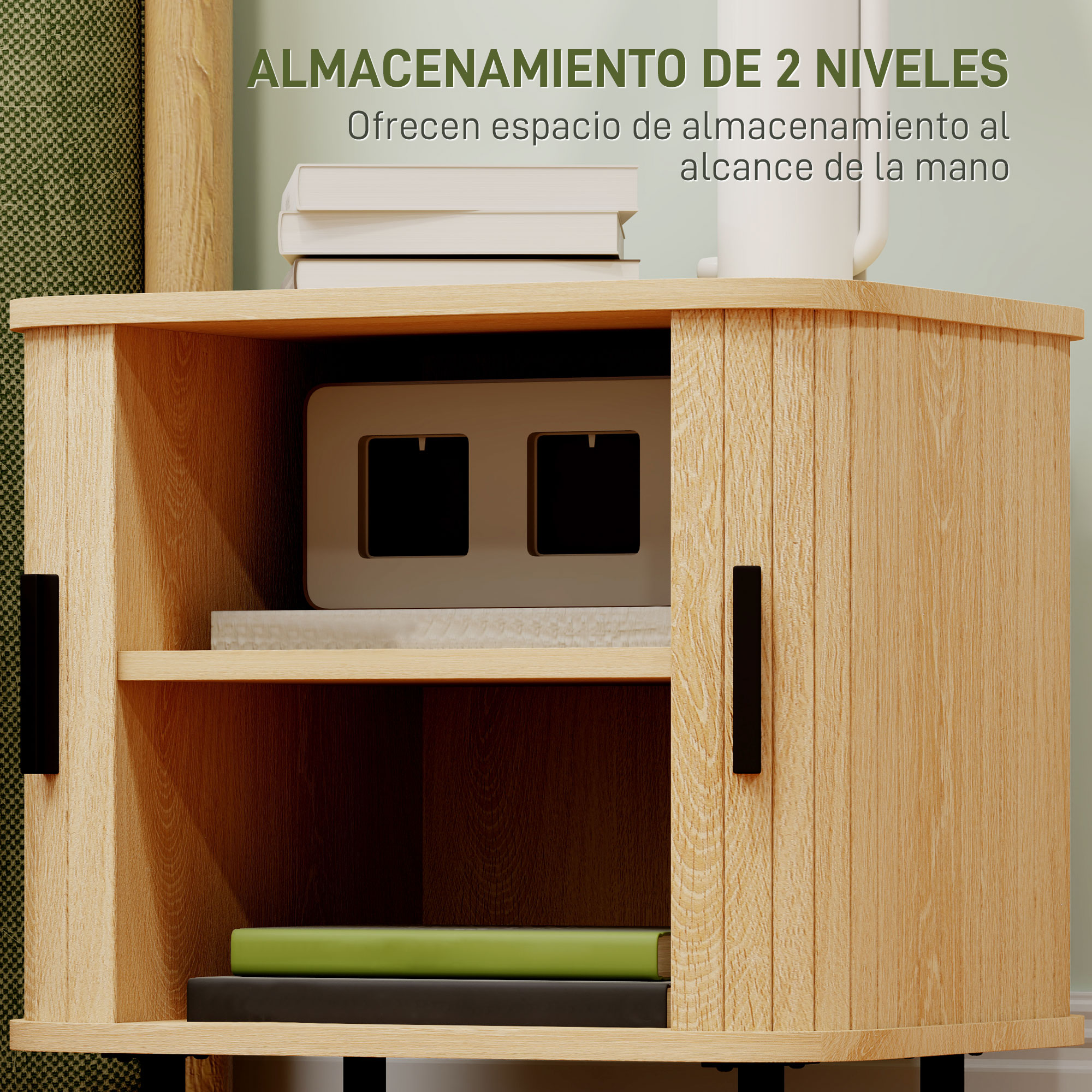 Armario de madera de dos niveles con libros y una taza.