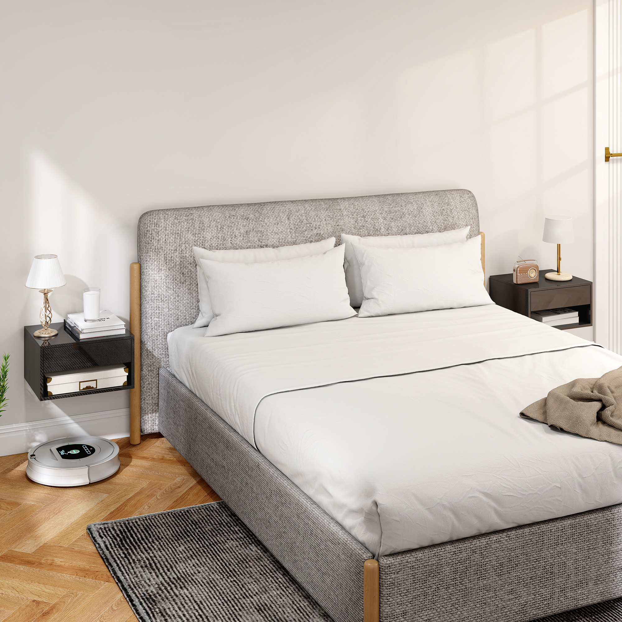 Un dormitorio con cama, mesitas de noche y un robot aspirador en el suelo de madera.