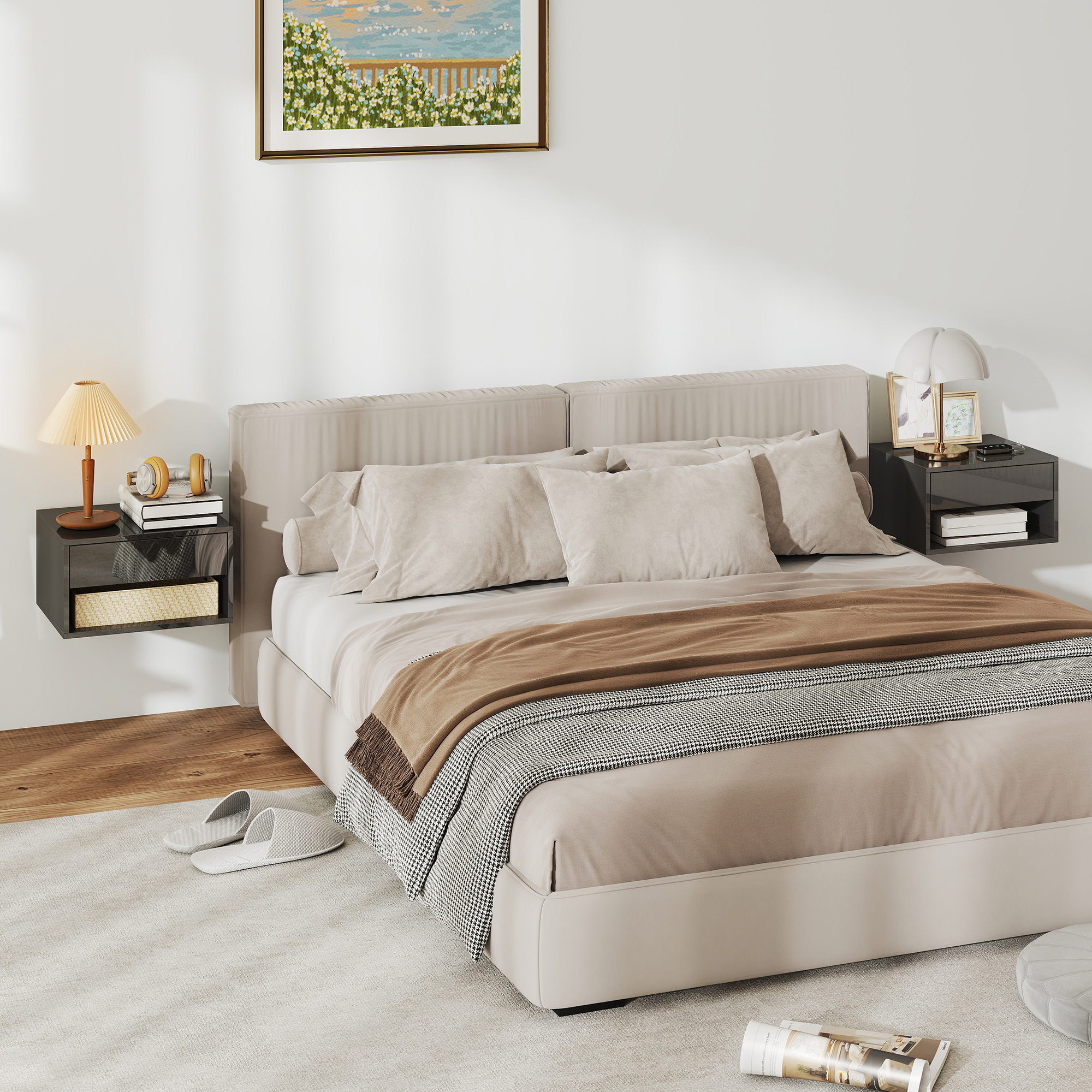 Una escena de dormitorio con cama, mesitas de noche y cuadro.