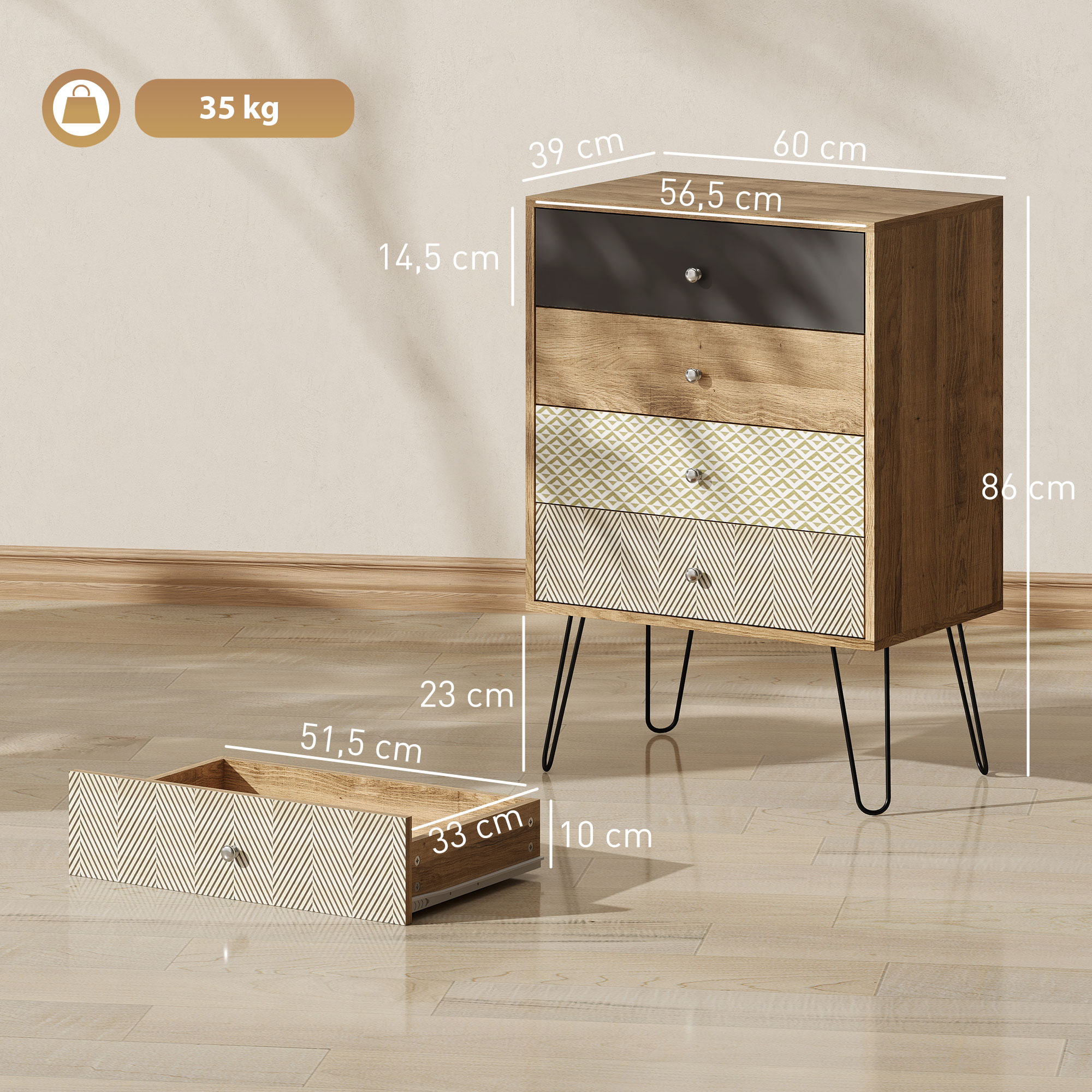 Cómoda de madera con 4 cajones, mesita de noche y dimensiones.