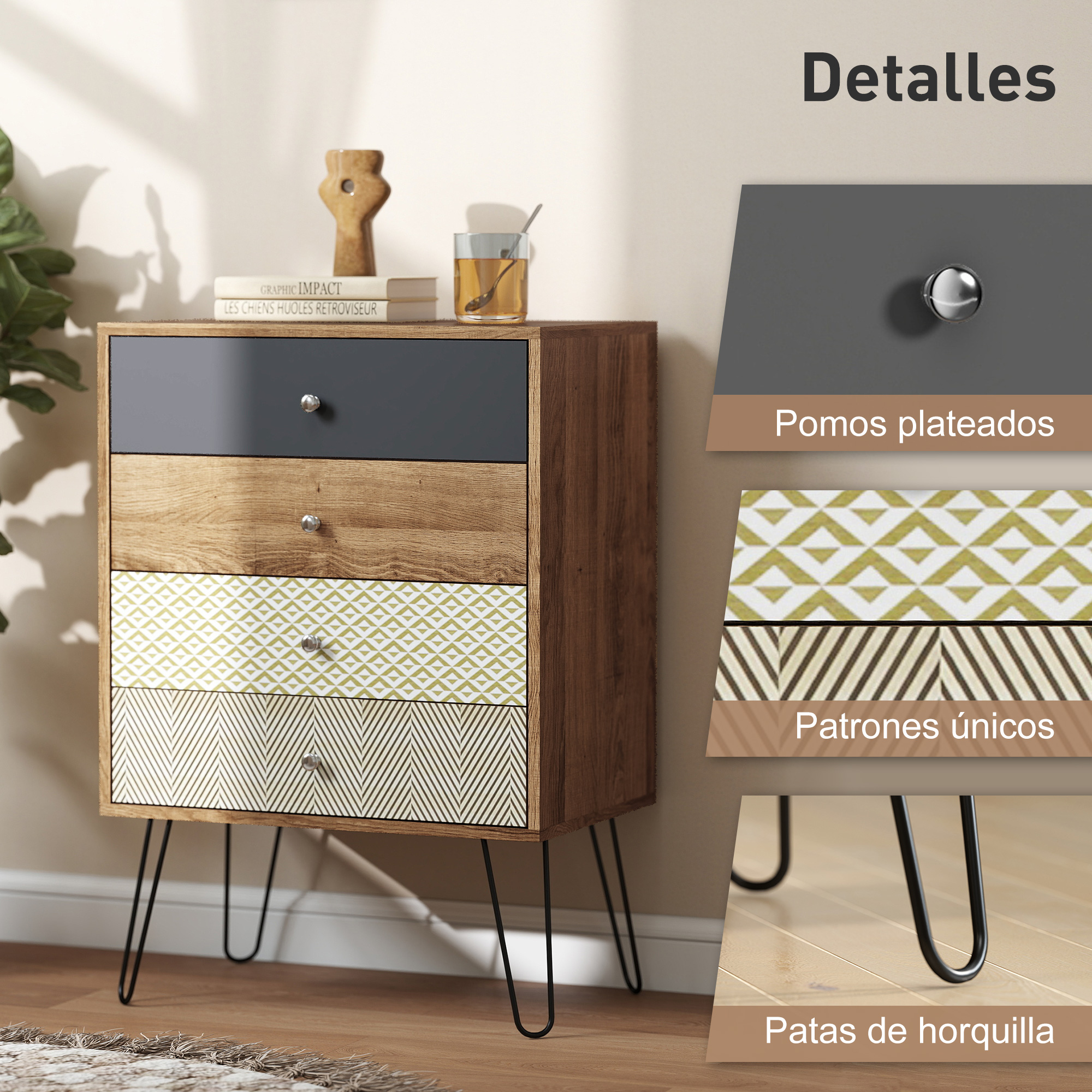 Cómoda de madera con cuatro cajones de diseños variados y tiradores plateados.