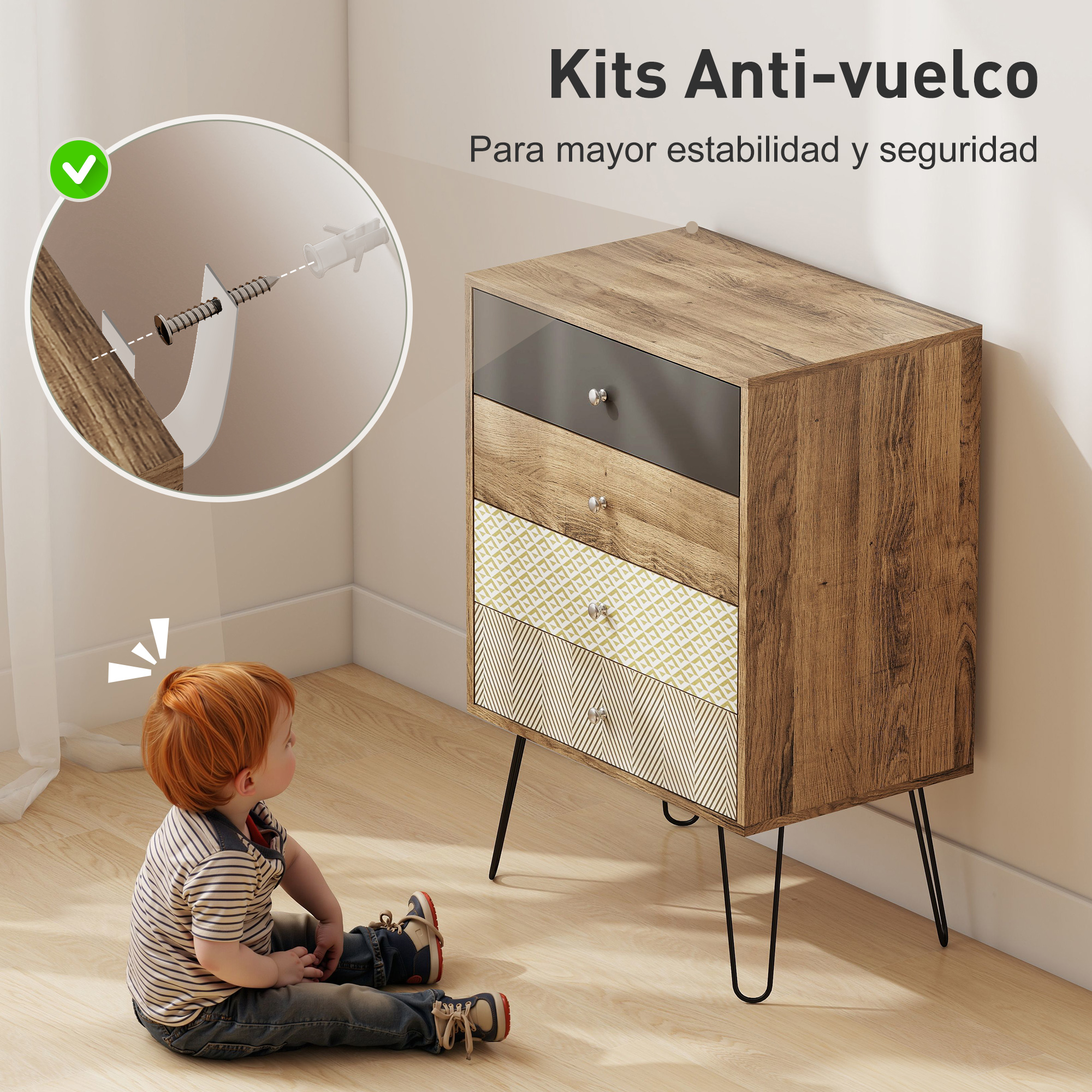 Un niño se sienta en el suelo junto a una mesita de noche con instrucciones del kit antivuelco.