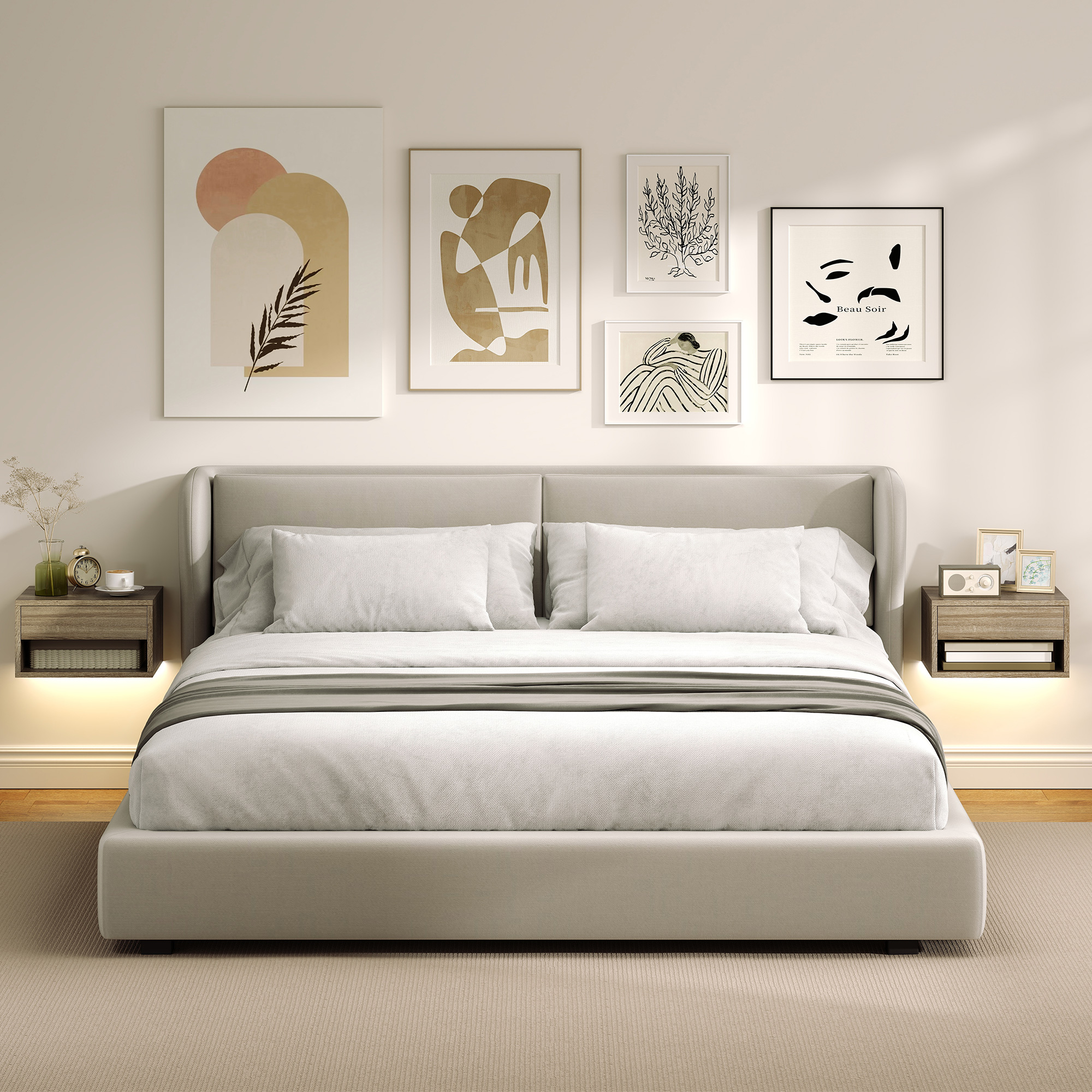 Un dormitorio con cama, mesitas de noche y arte en la pared.