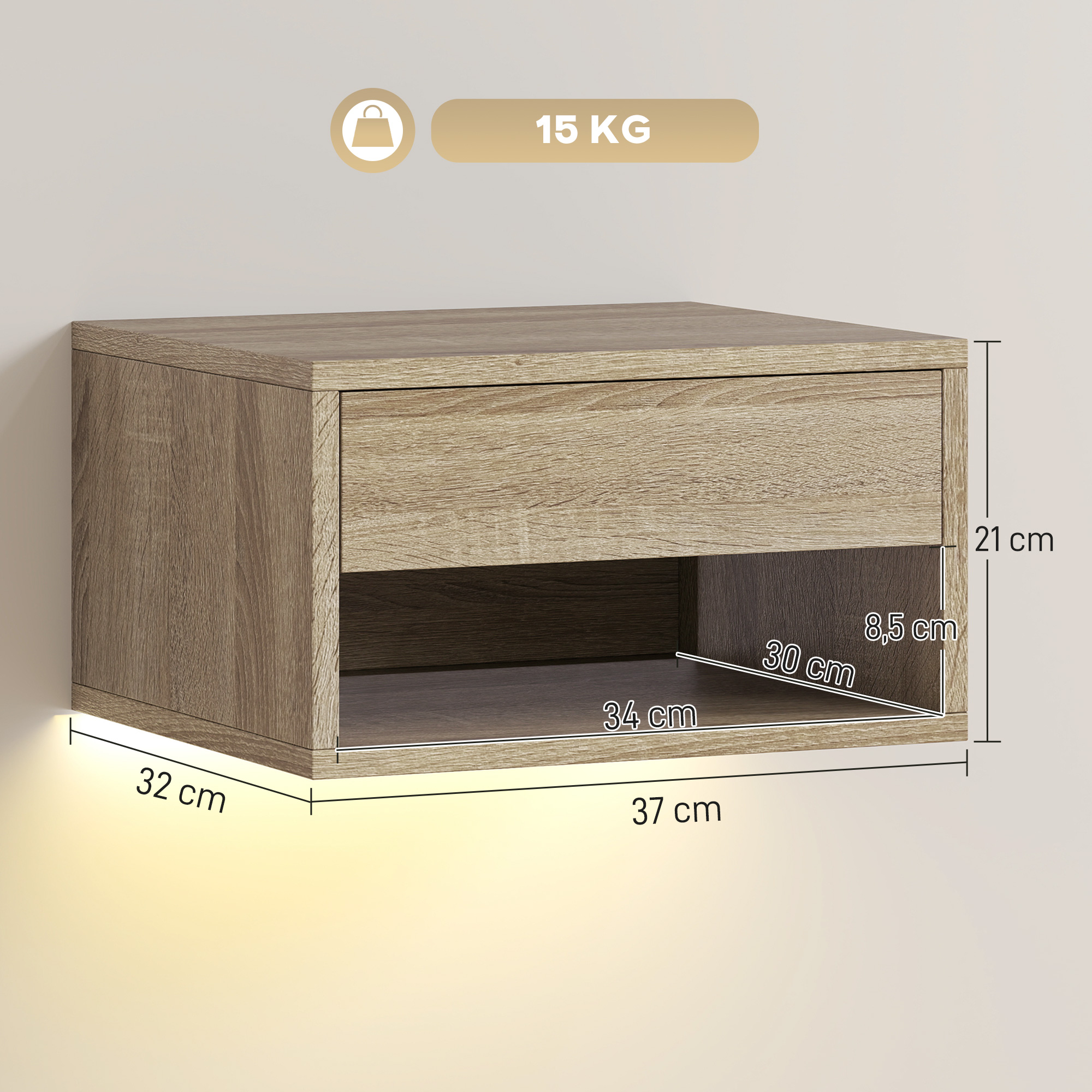 Una estantería de pared de madera con cajón y compartimento.
