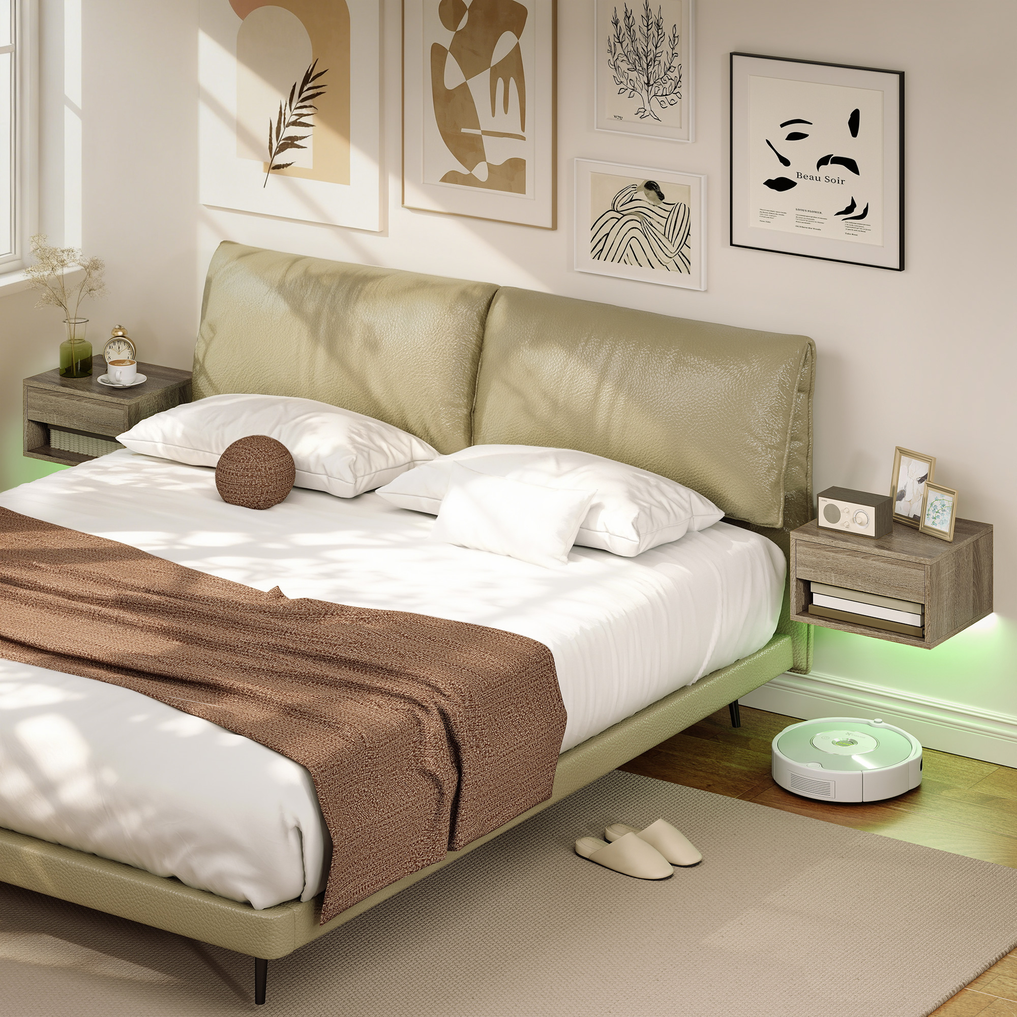 Un dormitorio con cama, mesitas de noche, arte en la pared y un robot aspirador.