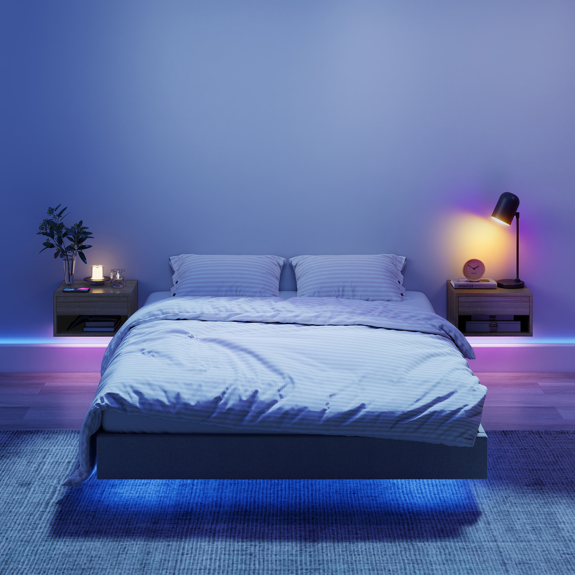 Un dormitorio iluminado con cama, mesitas de noche y luces LED.
