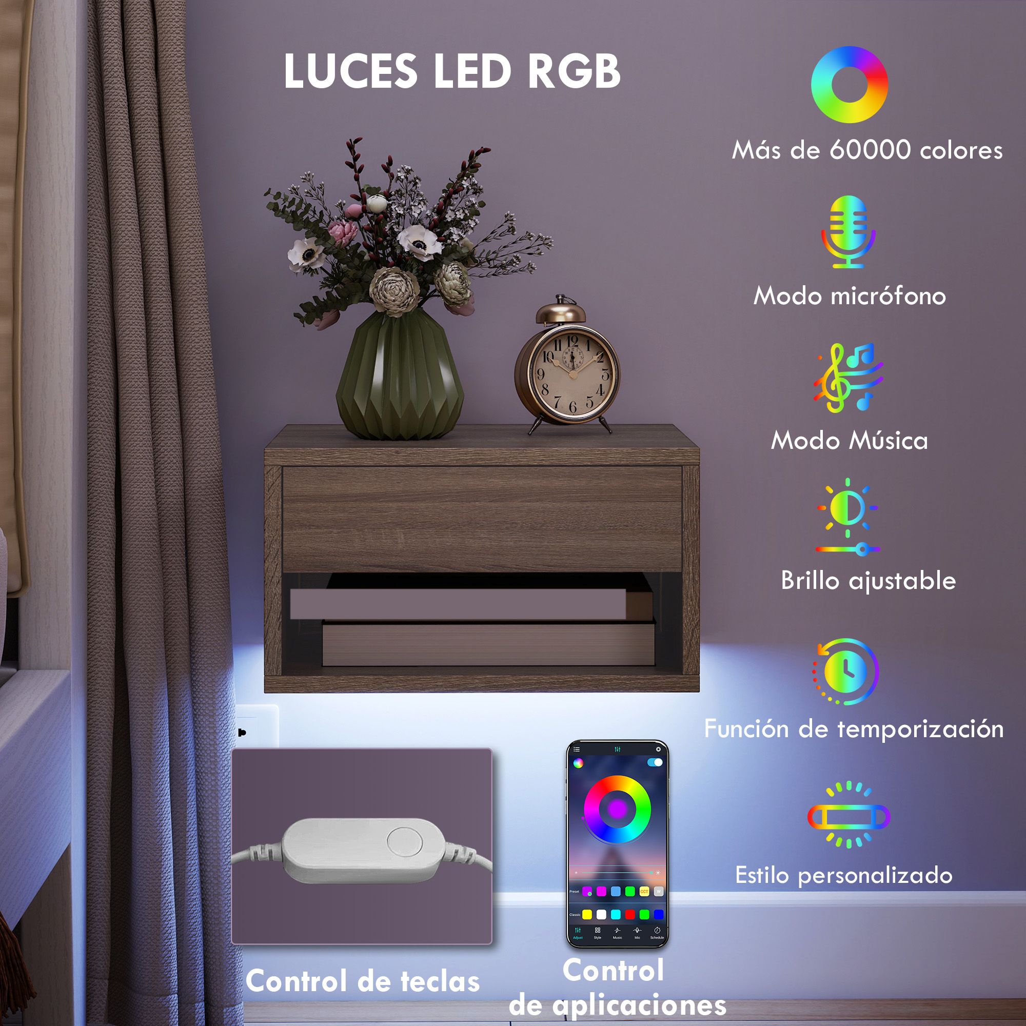 Mesita de noche con reloj, jarrón y tira de luz LED RGB. Control por app.