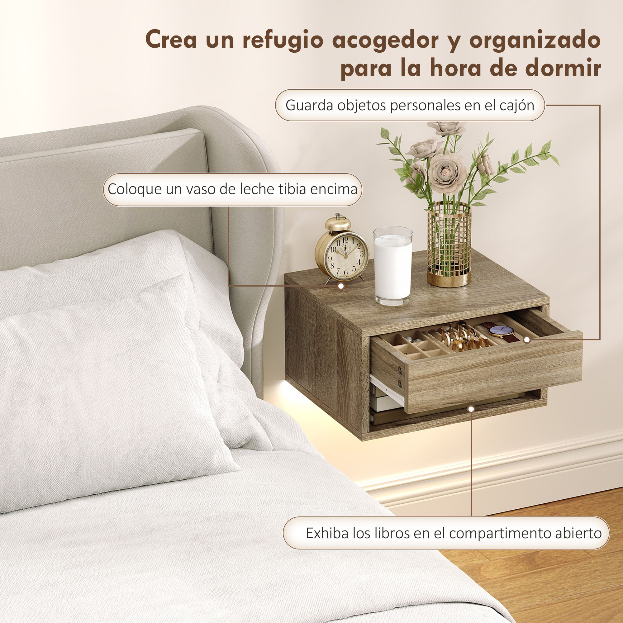 Mesita de noche de madera con cajón, reloj, vaso de leche y flor.
