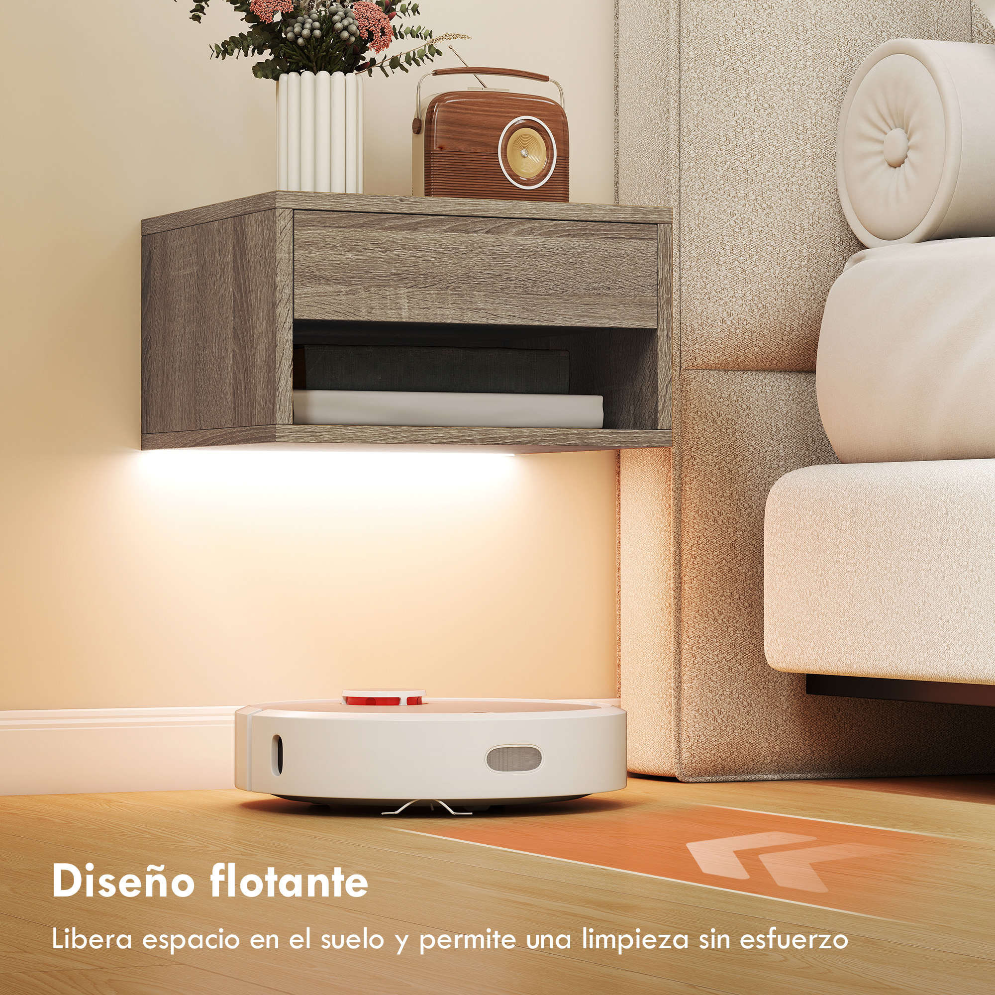 Un robot aspirador blanco limpia un suelo de madera bajo una mesita de noche flotante con luz.