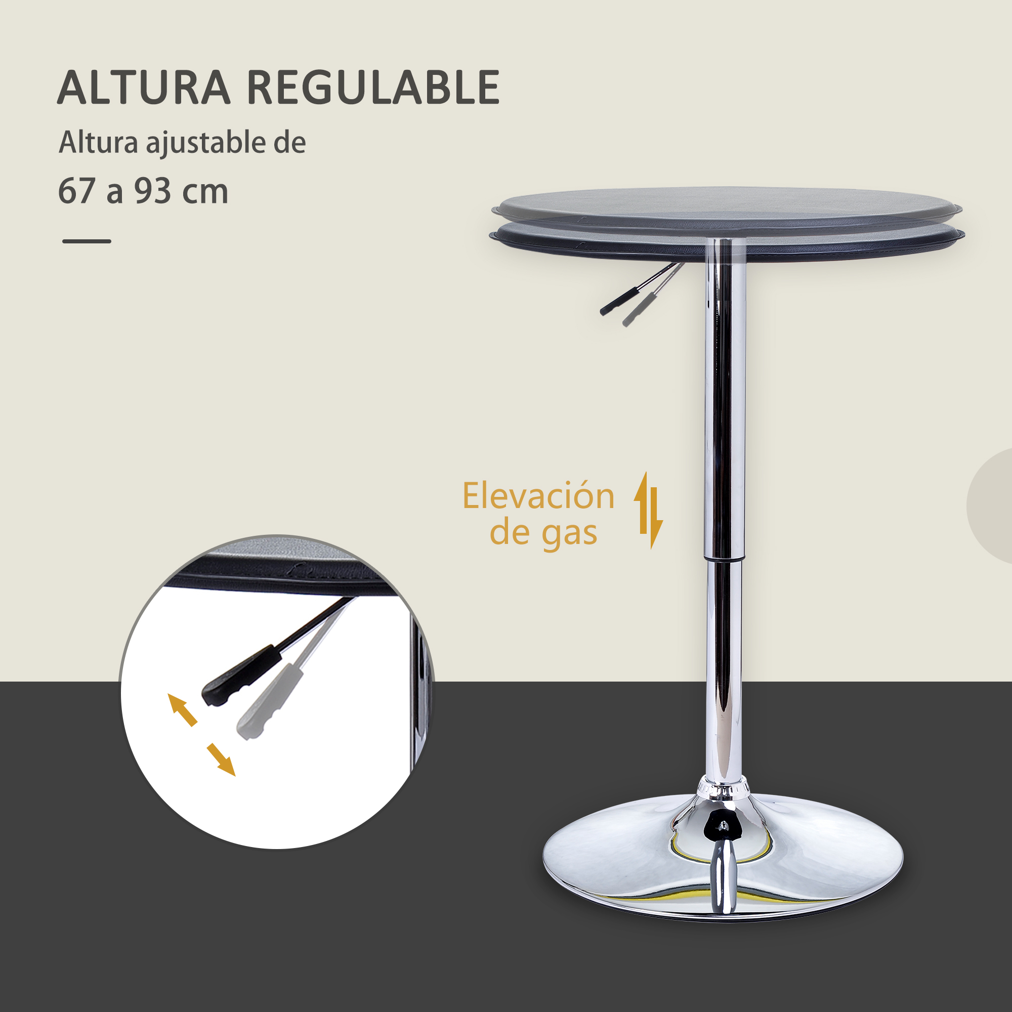 Una mesa redonda regulable en altura con base cromada y elevación a gas.