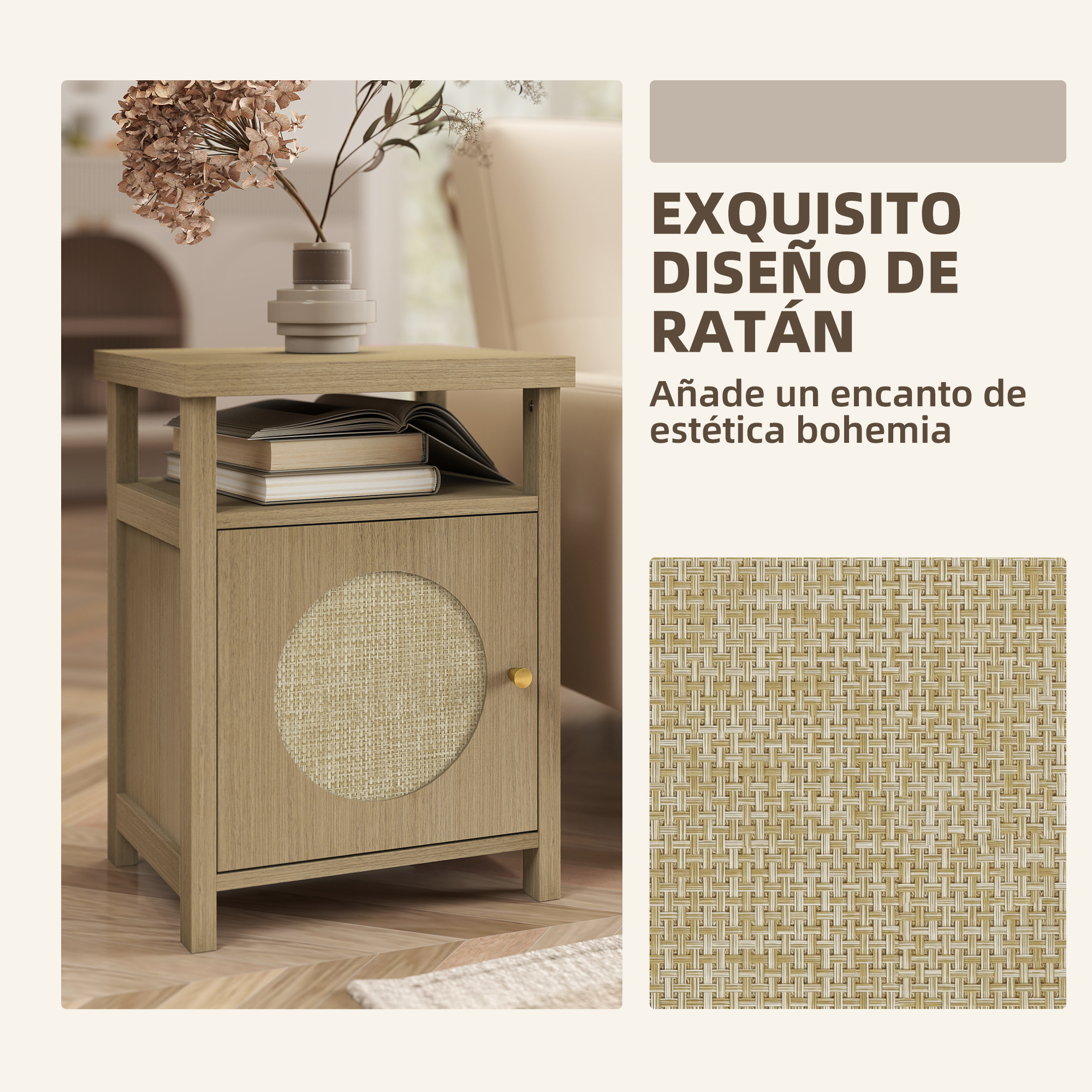 Mesita de noche de madera con detalle de ratán y flores.