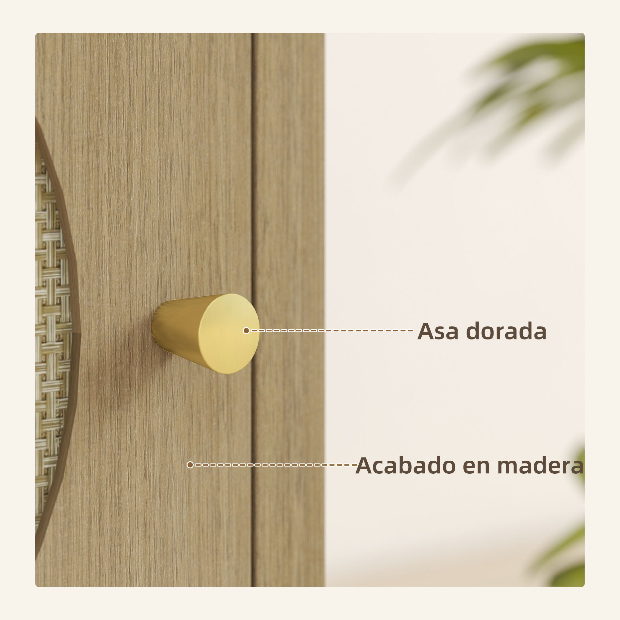 Superficie de madera con pomo dorado y detalle tejido.