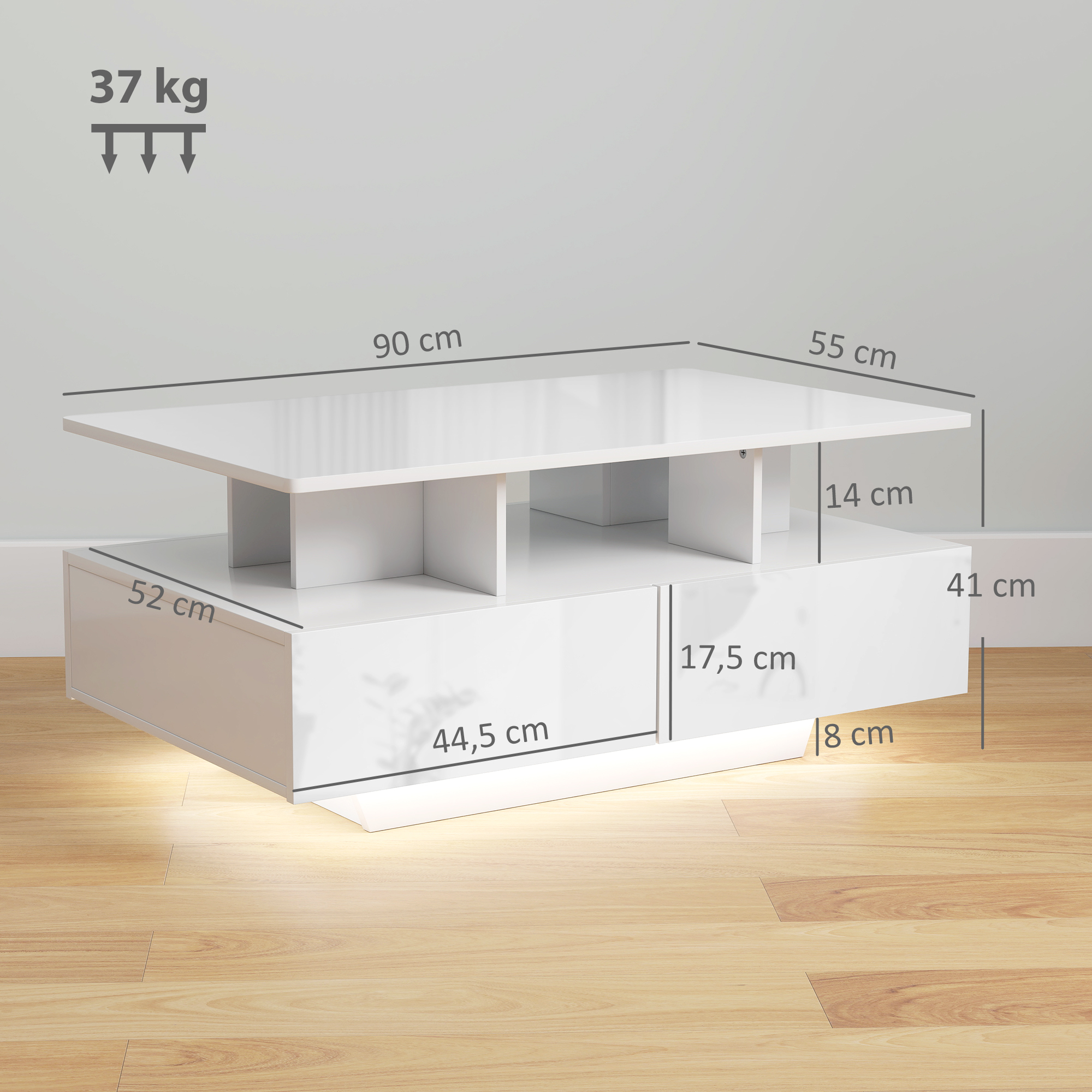 Una mesa de centro blanca con cajones y dimensiones. 90x55x41cm.